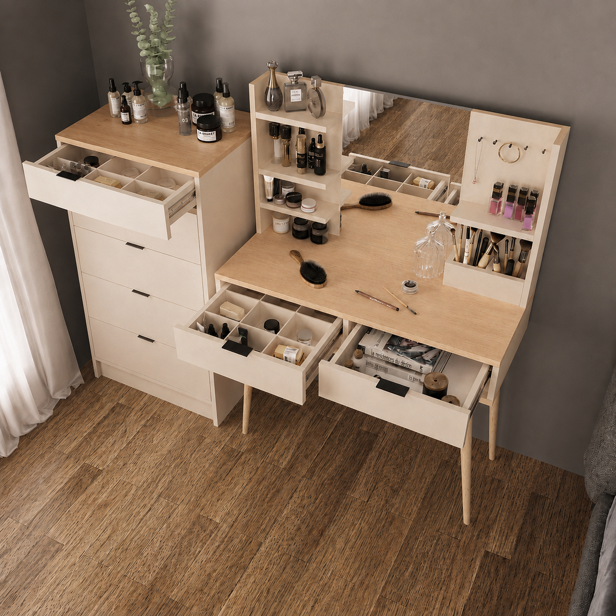 Bimossa T40 Geniş Dolaplı Bella Makyaj Masası Seti - Aynalı, Raflı ve Torna Ayaklı
