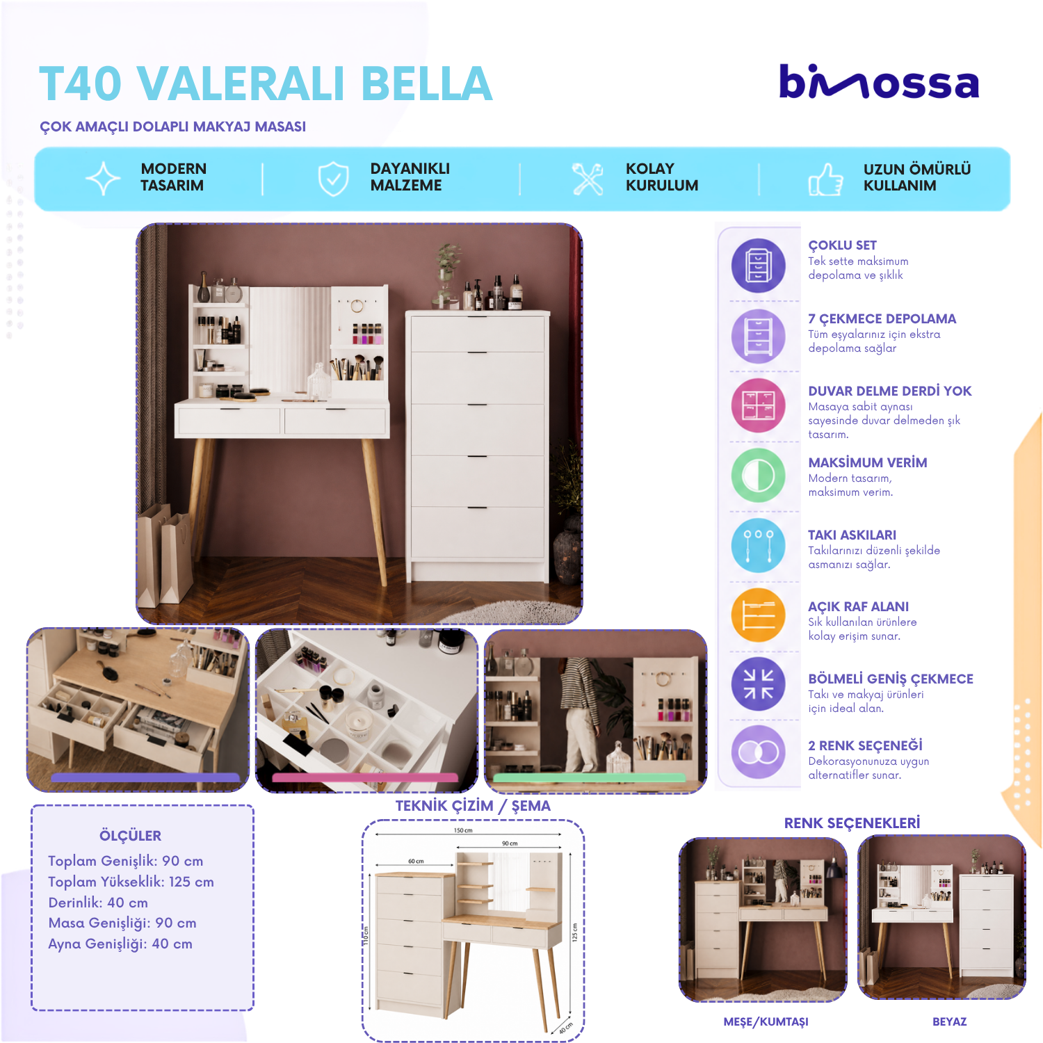 Bimossa T40 Geniş Dolaplı Bella Makyaj Masası Seti - Aynalı, Raflı ve Torna Ayaklı