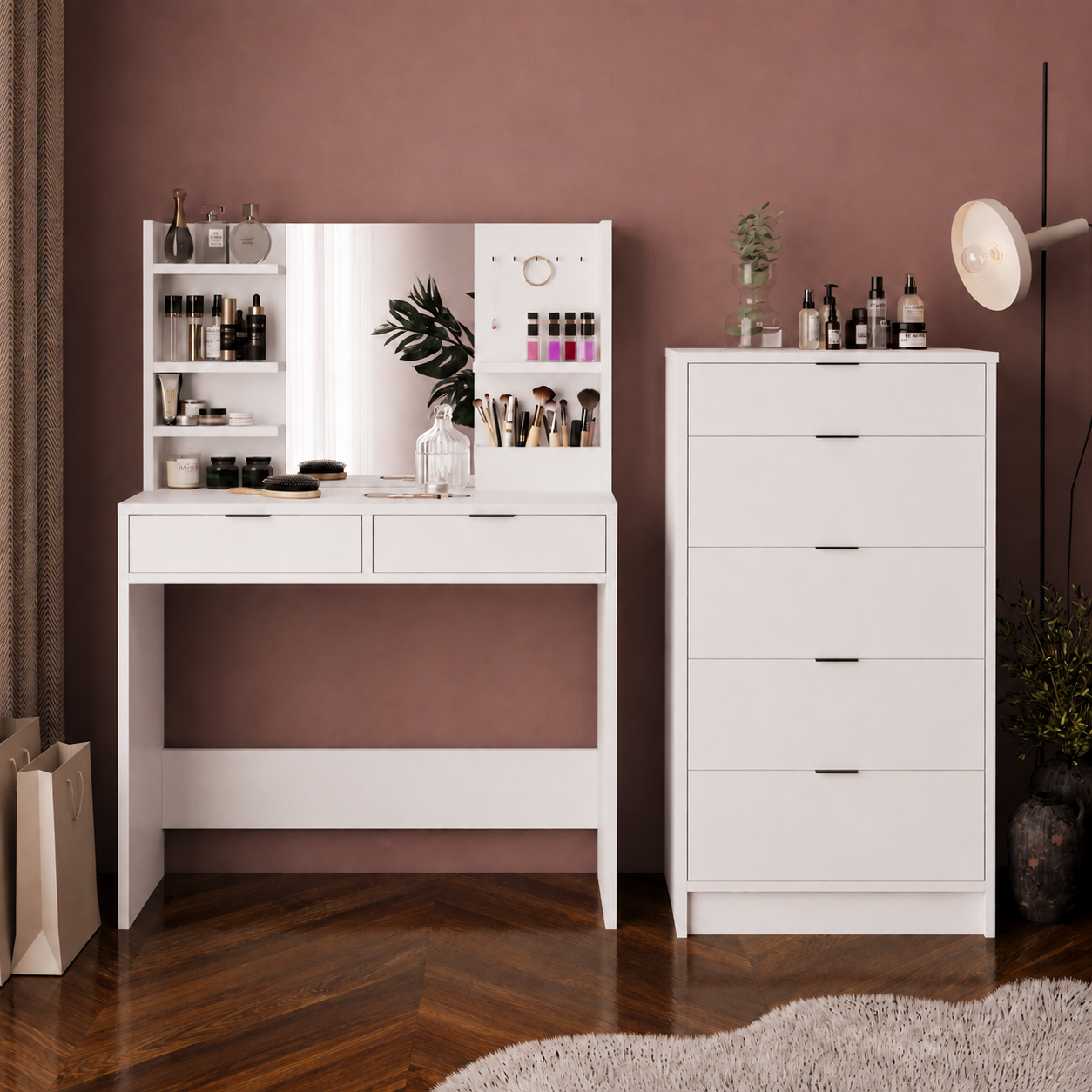 Bimossa T50 Geniş Dolaplı Diena Makyaj Masası Seti - Aynalı, Raflı ve Geniş 5 Çekmeceli
