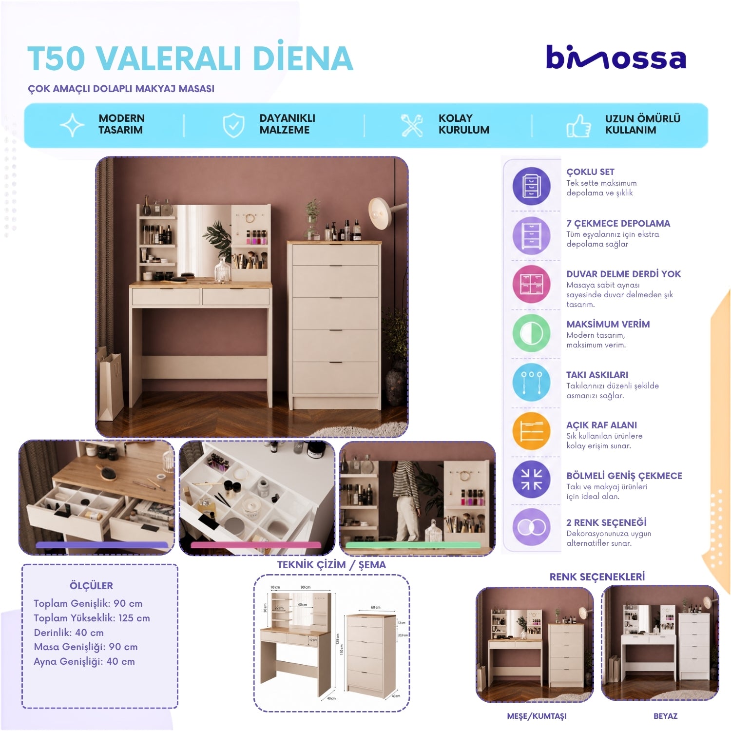Bimossa T50 Geniş Dolaplı Diena Makyaj Masası Seti - Aynalı, Raflı ve Geniş 5 Çekmeceli