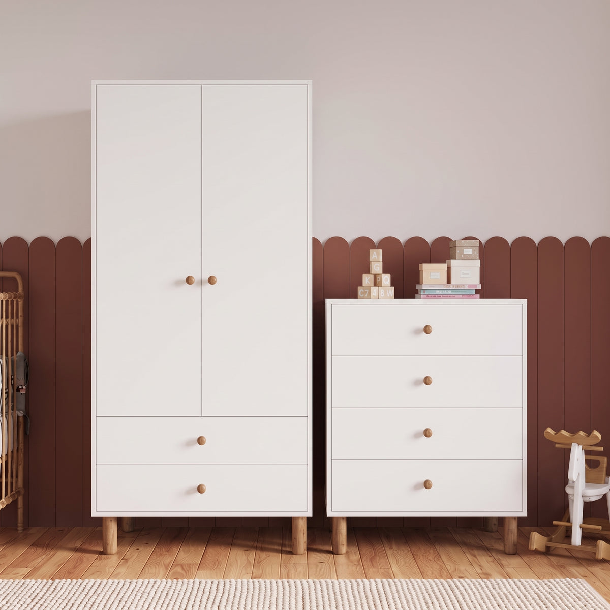 Bimossa TK20 Bunny 2 Kapaklı Gardırop ve 4 Çekmeceli Şifonyer, Yüksek Ayaklı Çocuk Odası Takımı