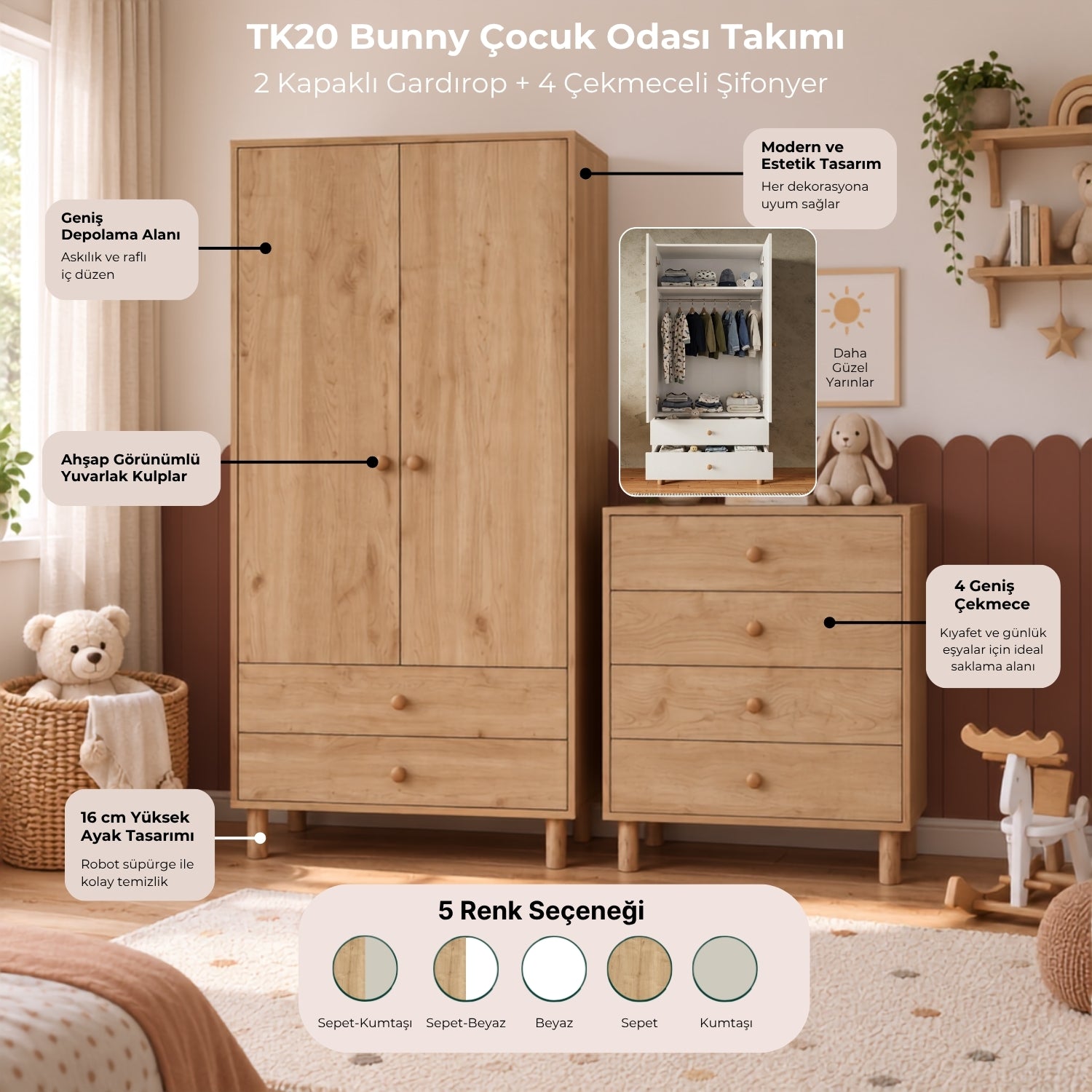 Bimossa TK20 Bunny 2 Kapaklı Gardırop ve 4 Çekmeceli Şifonyer, Yüksek Ayaklı Çocuk Odası Takımı