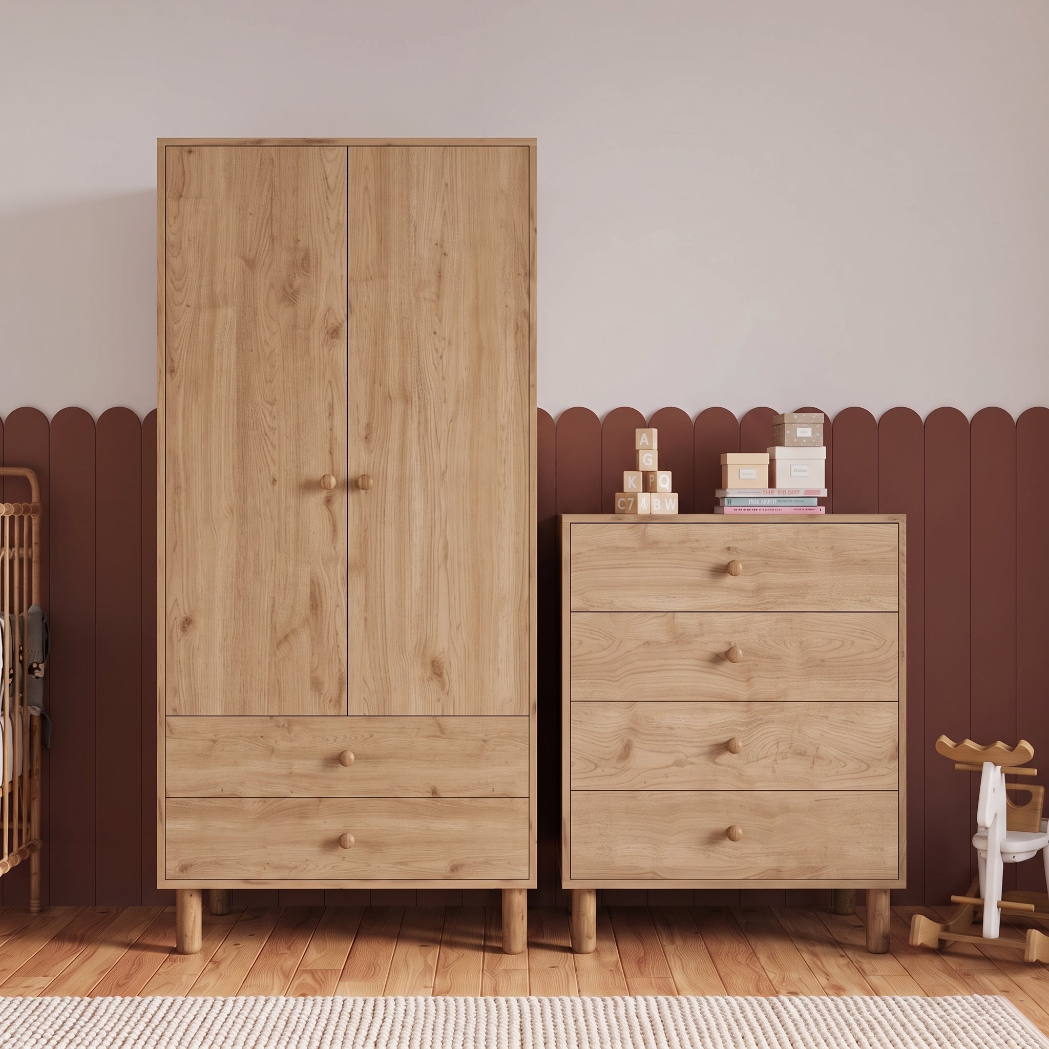 Bimossa TK20 Bunny 2 Kapaklı Gardırop ve 4 Çekmeceli Şifonyer, Yüksek Ayaklı Çocuk Odası Takımı