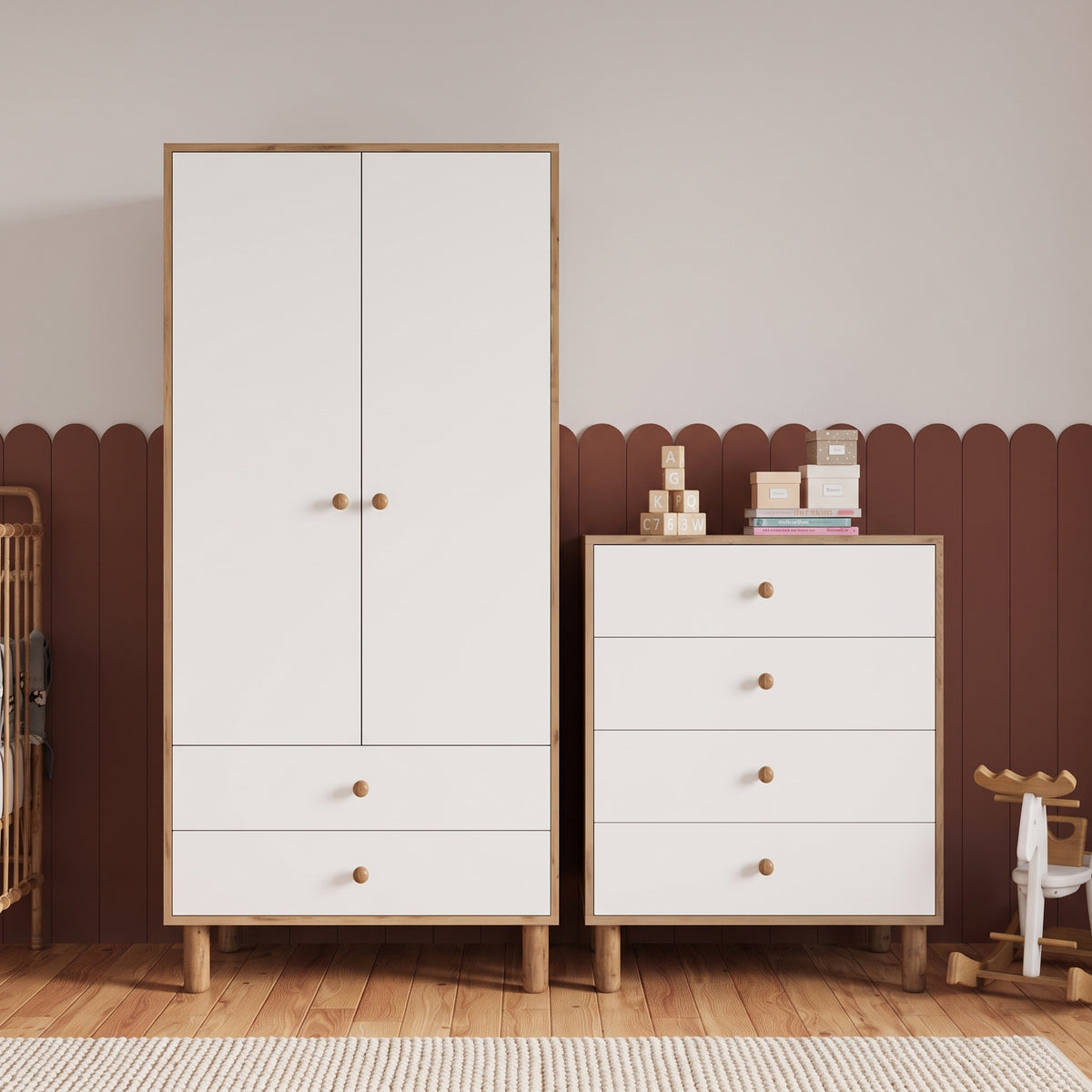 Bimossa TK20 Bunny 2 Kapaklı Gardırop ve 4 Çekmeceli Şifonyer, Yüksek Ayaklı Çocuk Odası Takımı