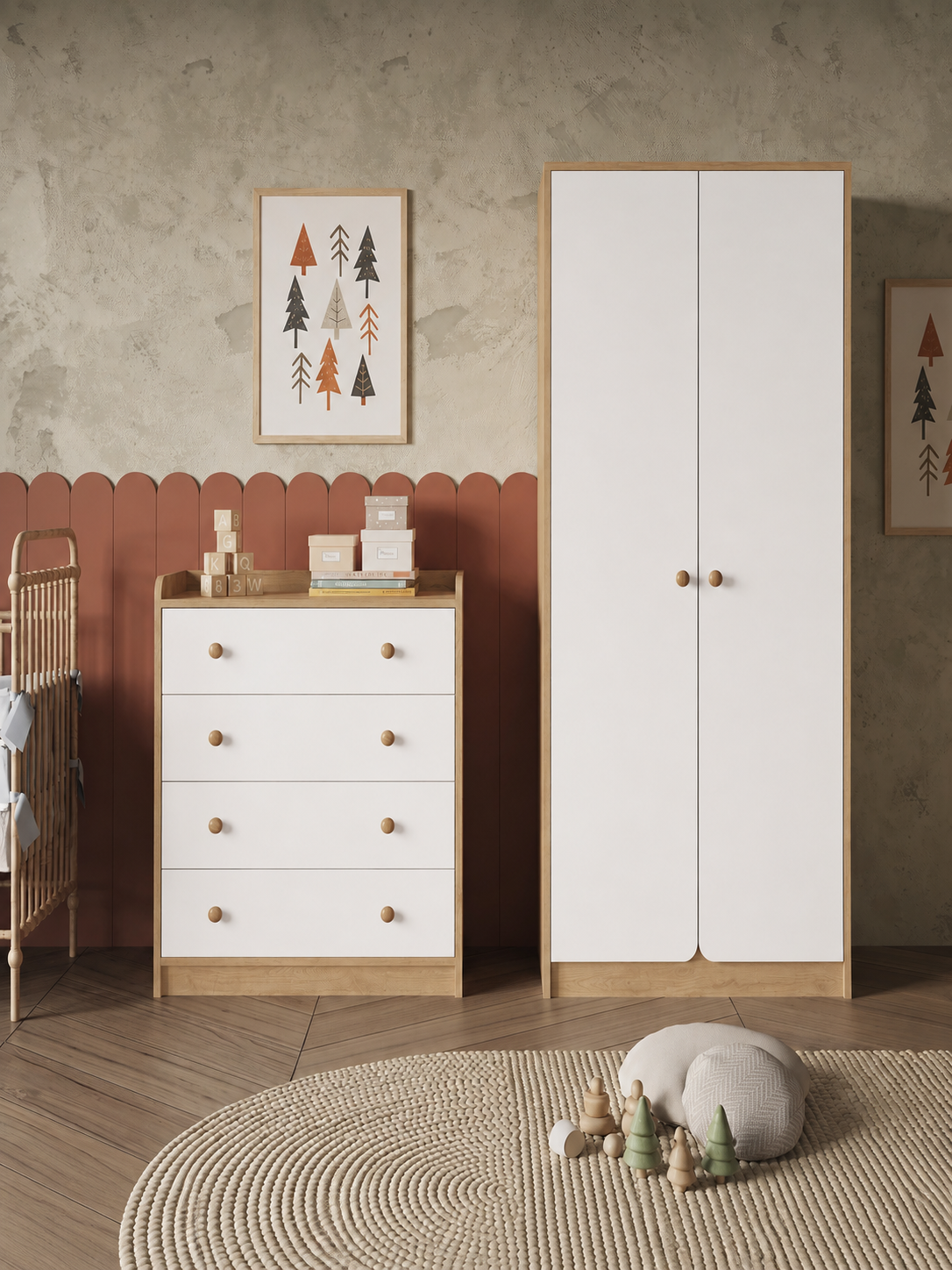 Bimossa TK21 Daffy Bebek Odası Takımı - İki Kapaklı Gardırop ve Dört Çekmeceli Şifonyer Seti