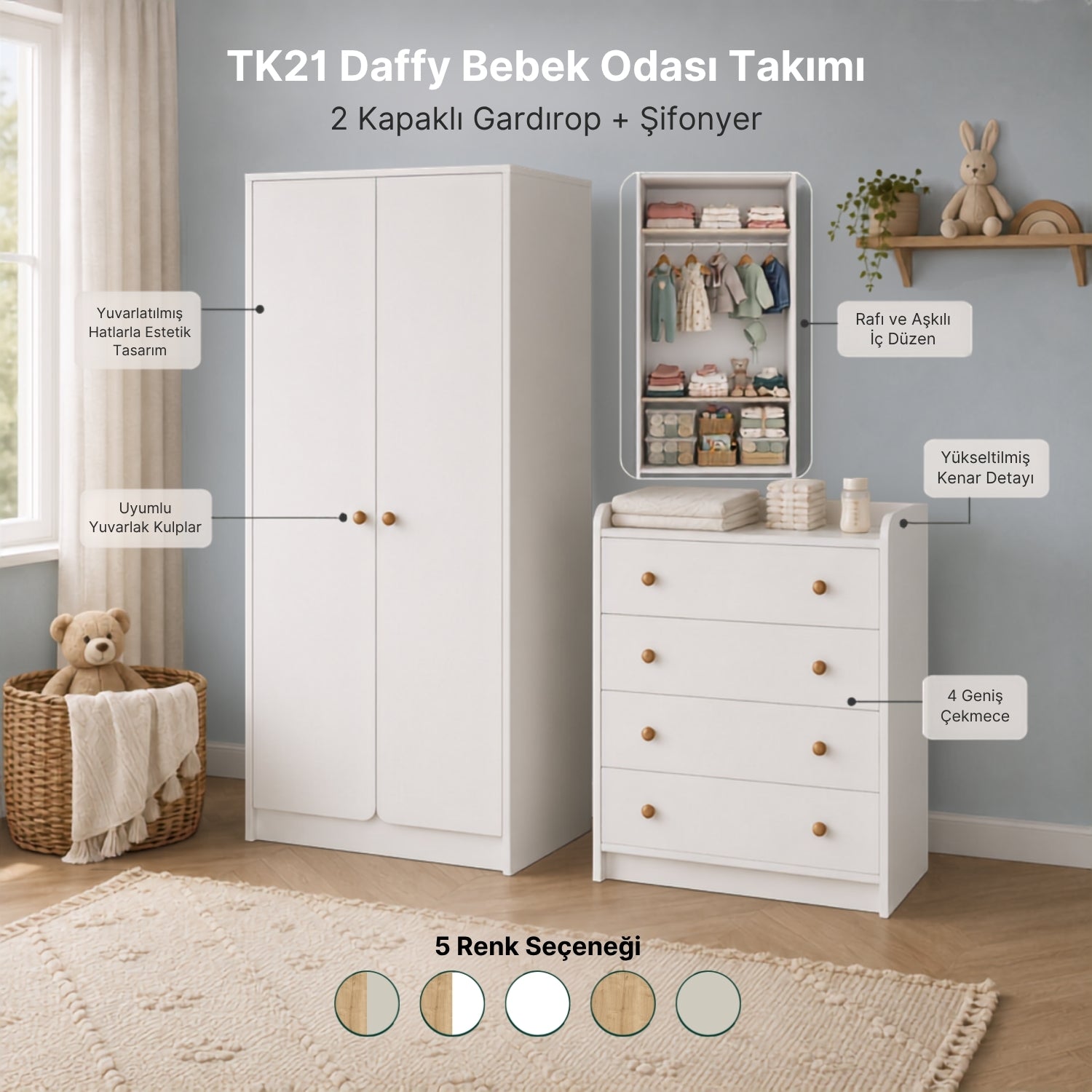 Bimossa TK21 Daffy Bebek Odası Takımı - İki Kapaklı Gardırop ve Dört Çekmeceli Şifonyer Seti