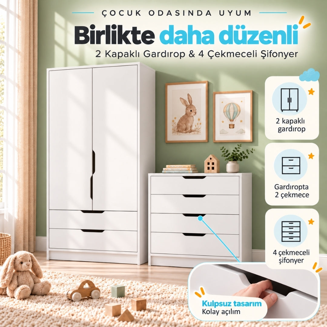 Bimossa TK22 Winnie 2 Kapaklı Gardırop ve 4 Çekmeceli Şifonyer Çocuk Odası Takımı