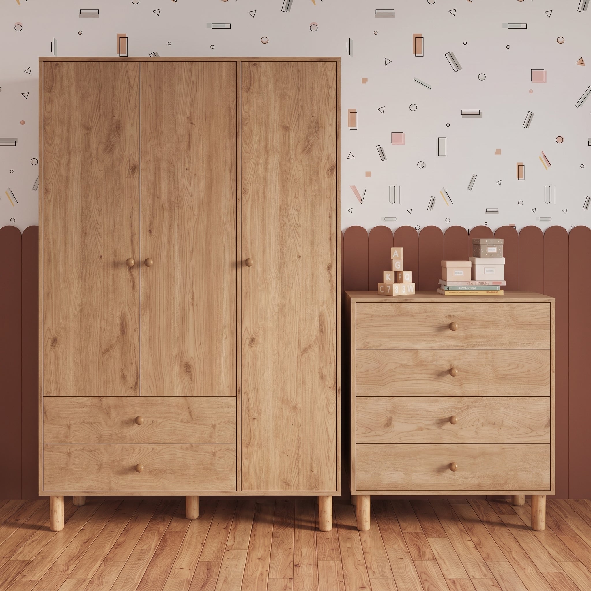 Bimossa TK30 Bunny 3 Kapaklı Gardırop ve 4 Çekmeceli Şifonyer, Yüksek Ayaklı Bebek ve Çocuk Odası Takımı