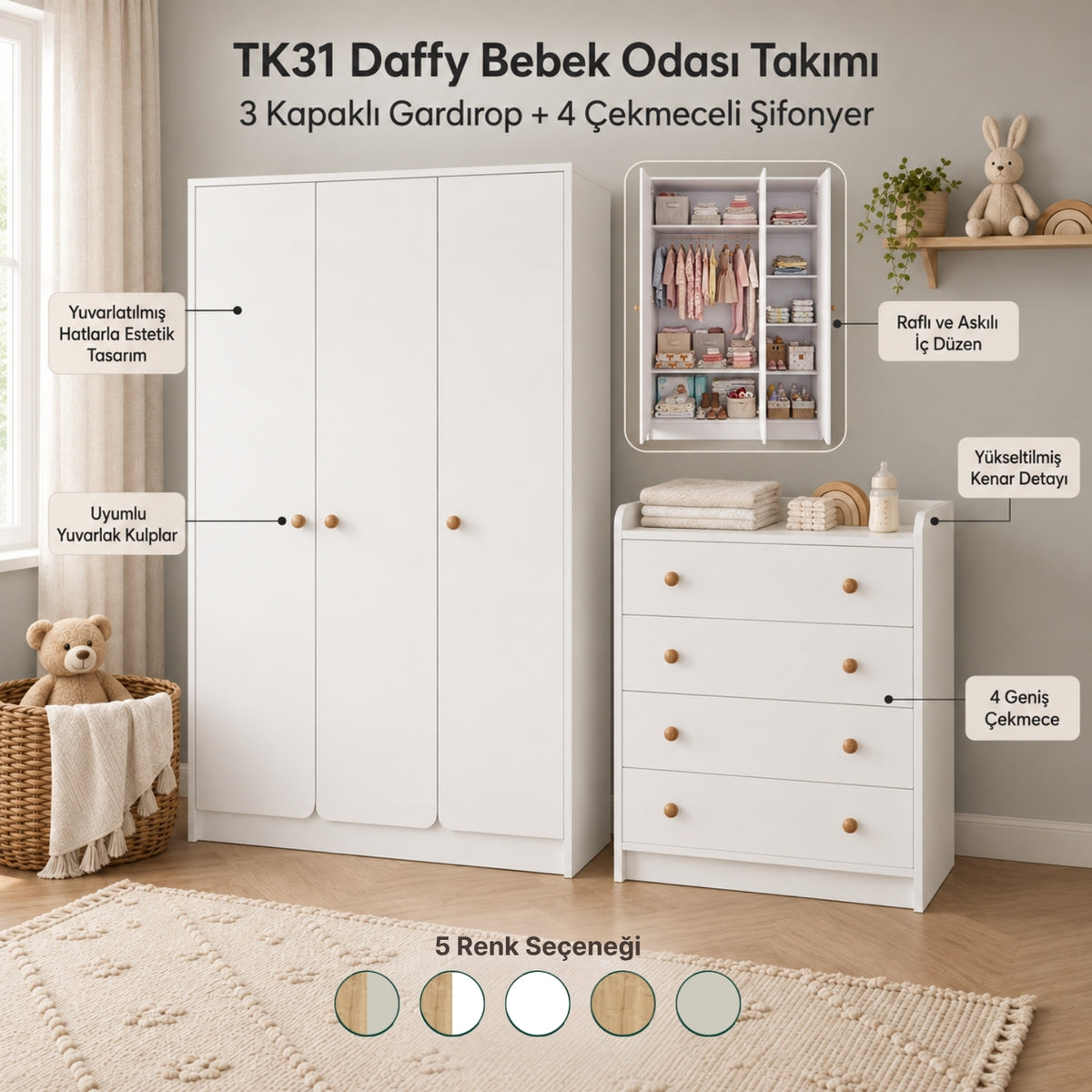 Bimossa TK31 Daffy Bebek Odası Takımı - Üç Kapaklı Gardırop ve Dört Çekmeceli Şifonyer Seti