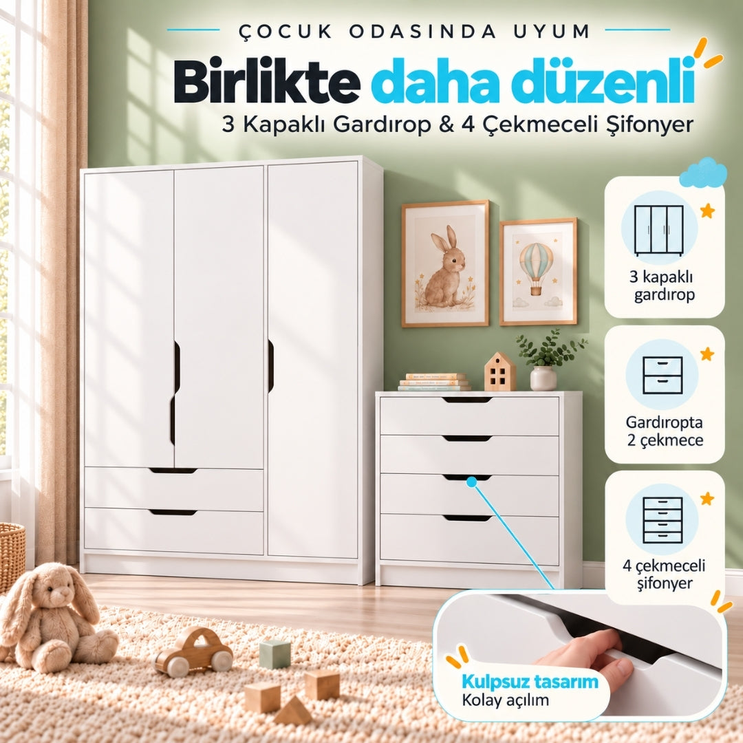 Bimossa TK32 Winnie 3 Kapaklı Gardırop ve 4 Çekmeceli Şifonyer Çocuk Odası Takımı