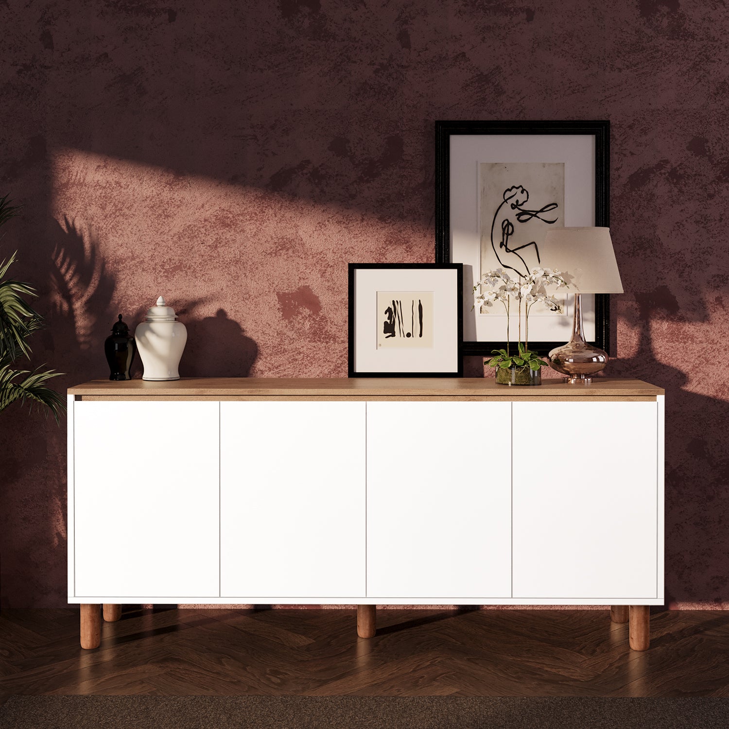 Bimossa H41 Terra 180 cm Yüksek Ayaklı 4 Kapaklı Konsol, Modern Yemek Odası Depolama Dolabı