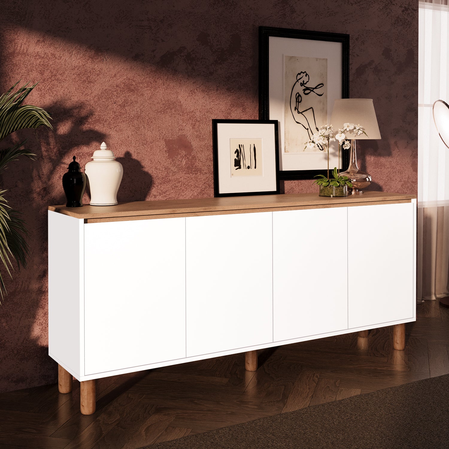 Bimossa H41 Terra 180 cm Yüksek Ayaklı 4 Kapaklı Konsol, Modern Yemek Odası Depolama Dolabı