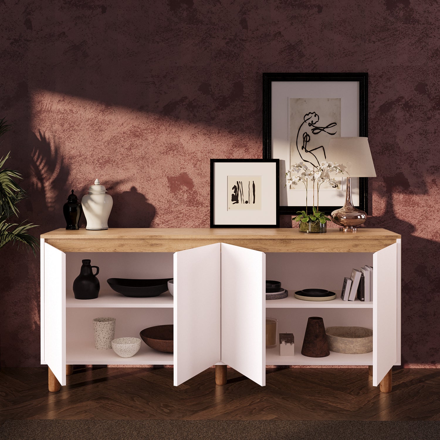 Bimossa H41 Terra 180 cm Yüksek Ayaklı 4 Kapaklı Konsol, Modern Yemek Odası Depolama Dolabı