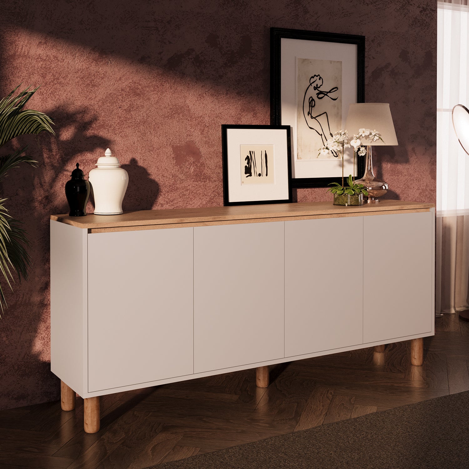 Bimossa H41 Terra 180 cm Yüksek Ayaklı 4 Kapaklı Konsol, Modern Yemek Odası Depolama Dolabı