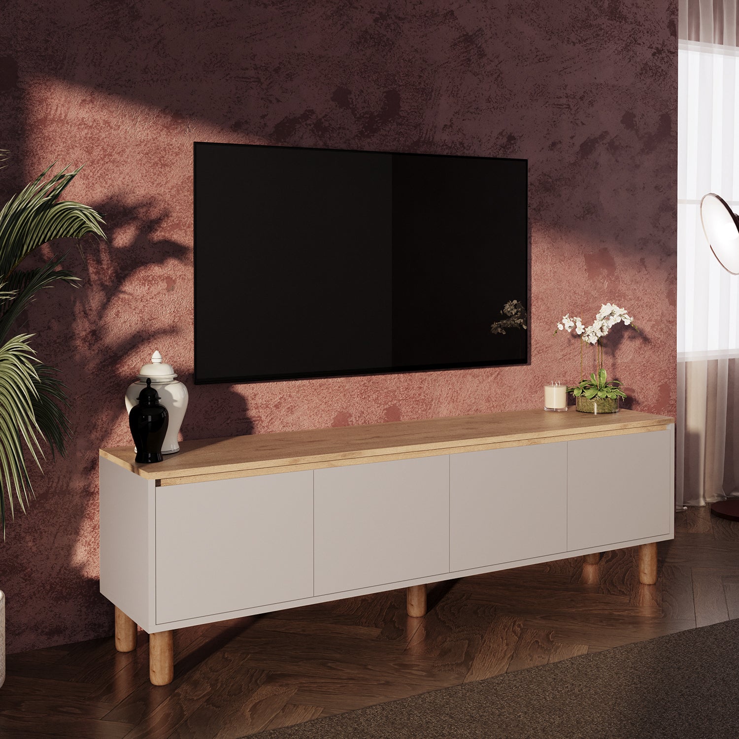 Bimossa D41 Terra 180 cm Yüksek Ayaklı 4 Kapaklı TV Ünitesi, Televizyon Sehpası Depolama Dolabı
