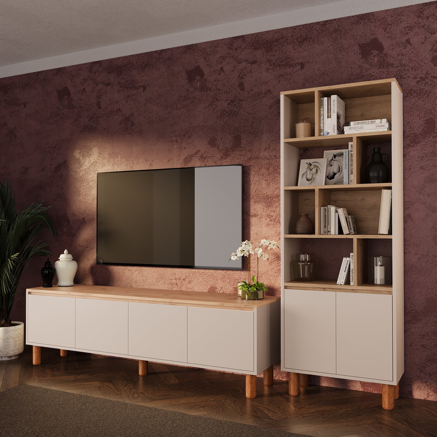 Bimossa G42 Terra Kitaplıklı TV Ünitesi Seti, 180 cm TV Sehpası ve Kapaklı Kitaplık Takımı