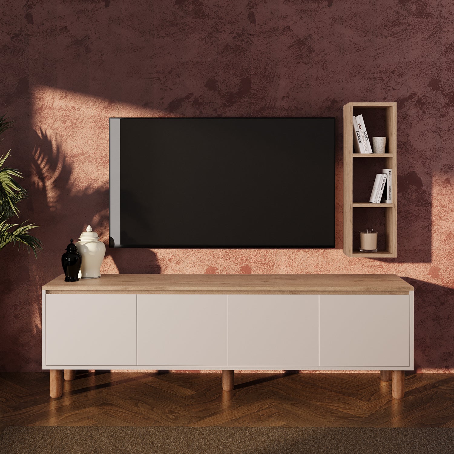 Bimossa G41 Terra Duvar Raflı 180 cm Tv Ünitesi, Yüksek Ayaklı 4 Kapaklı Televizyon Sehpası, Depolama Dolabı