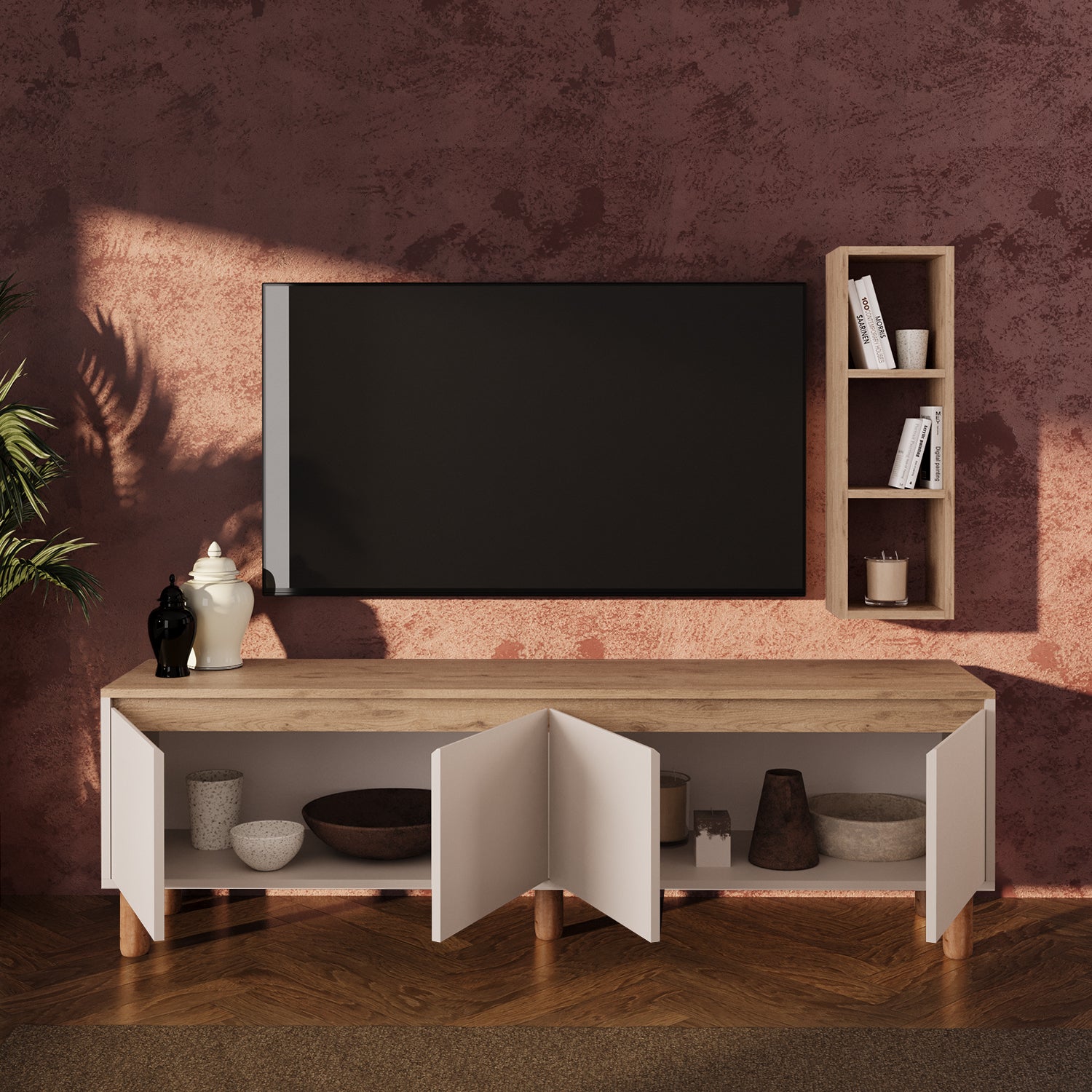 Bimossa G41 Terra Duvar Raflı 180 cm Tv Ünitesi, Yüksek Ayaklı 4 Kapaklı Televizyon Sehpası, Depolama Dolabı