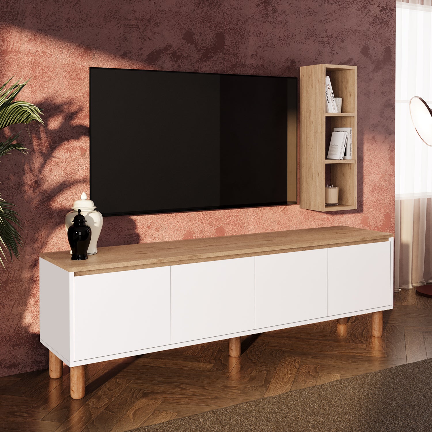 Bimossa G41 Terra Duvar Raflı 180 cm Tv Ünitesi, Yüksek Ayaklı 4 Kapaklı Televizyon Sehpası, Depolama Dolabı