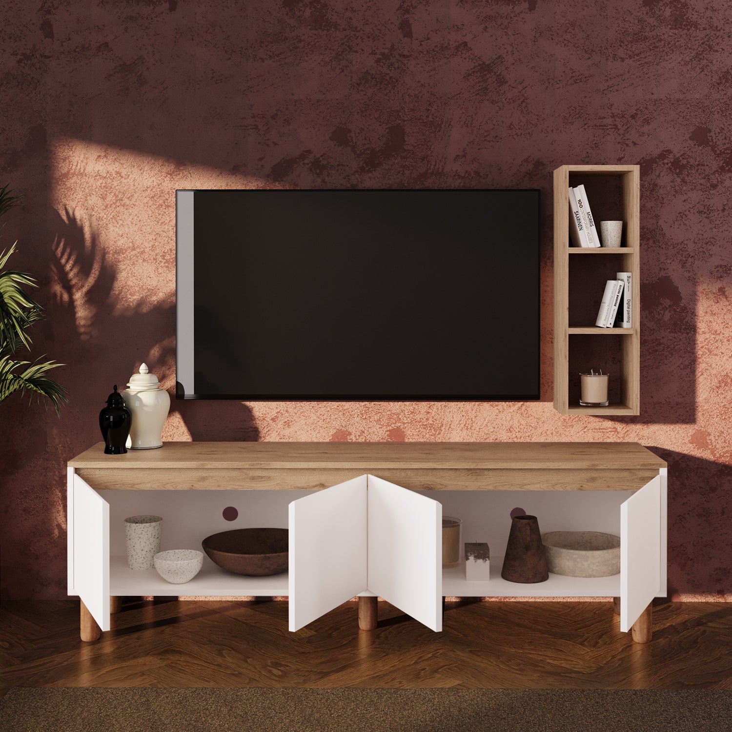 Bimossa G41 Terra Duvar Raflı 180 cm Tv Ünitesi, Yüksek Ayaklı 4 Kapaklı Televizyon Sehpası, Depolama Dolabı