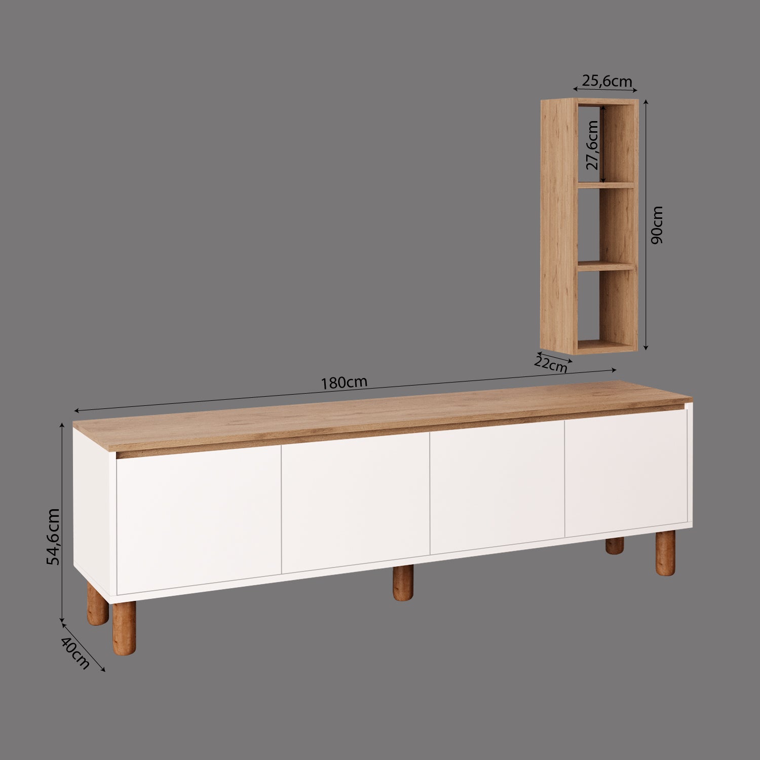 Bimossa G41 Terra Duvar Raflı 180 cm Tv Ünitesi, Yüksek Ayaklı 4 Kapaklı Televizyon Sehpası, Depolama Dolabı