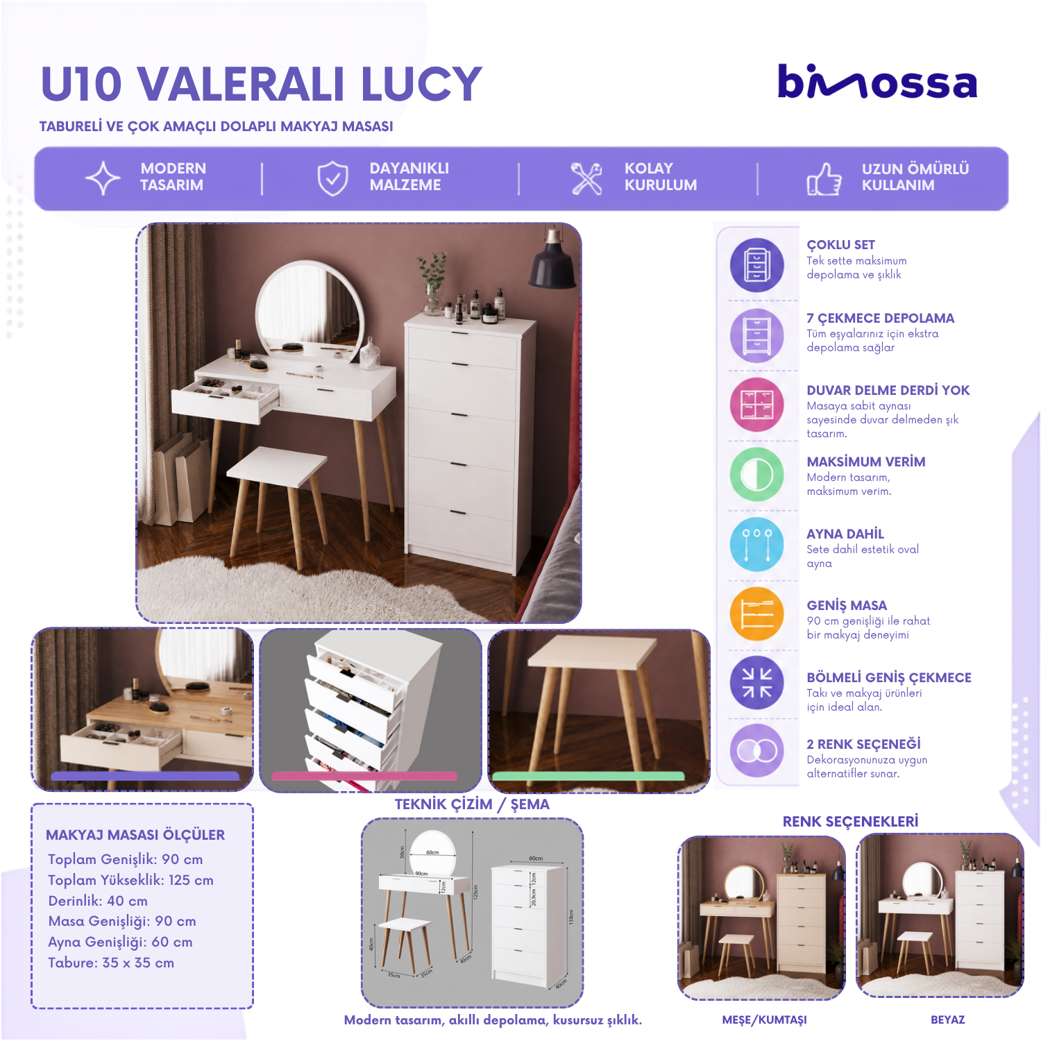 Bimossa U10 Valeralı Tabureli Lucy Makyaj Masası Seti - Yuvarlak Aynalı ve 5 Çekmeceli