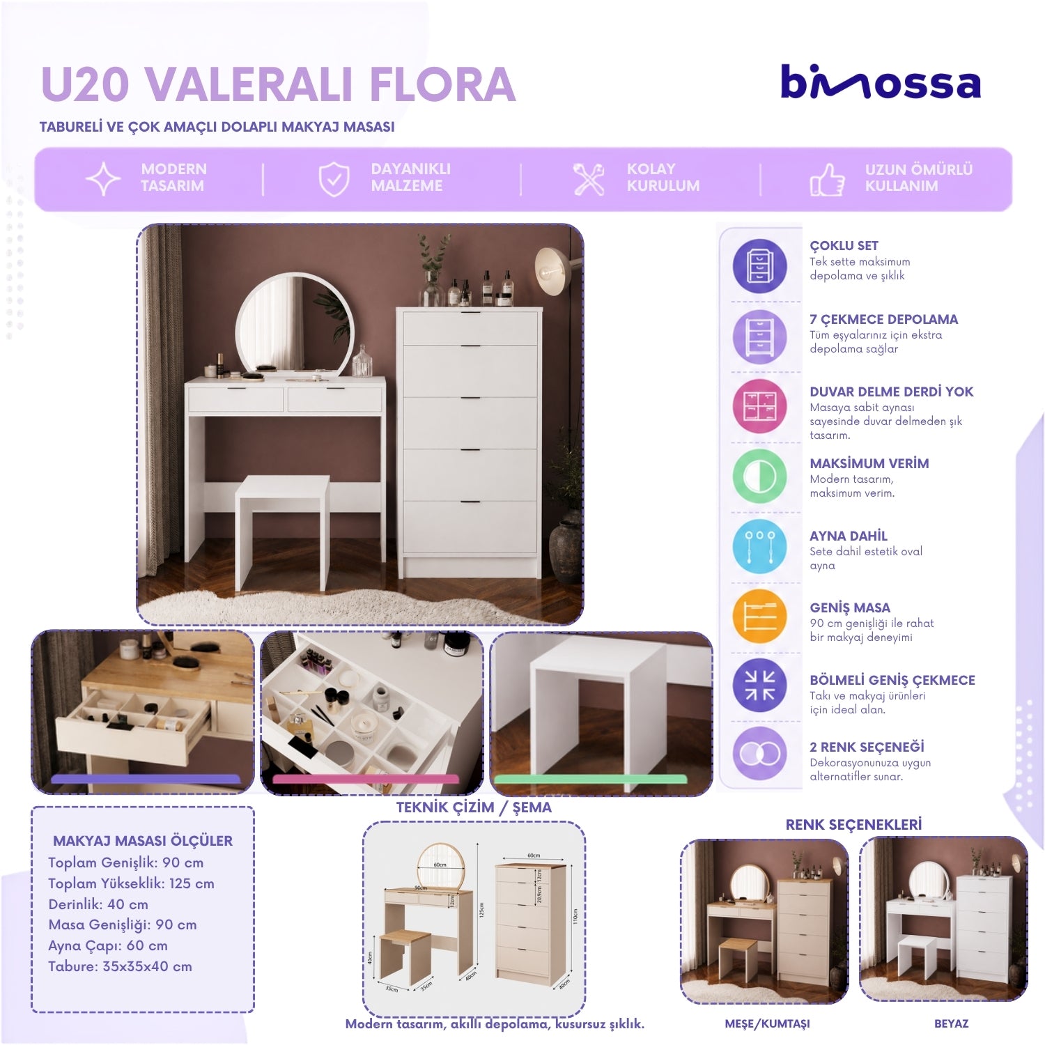 Bimossa U20 Geniş Dolaplı Tabureli Flora Makyaj Masası Seti - Oval Aynalı ve 5 Çekmeceli