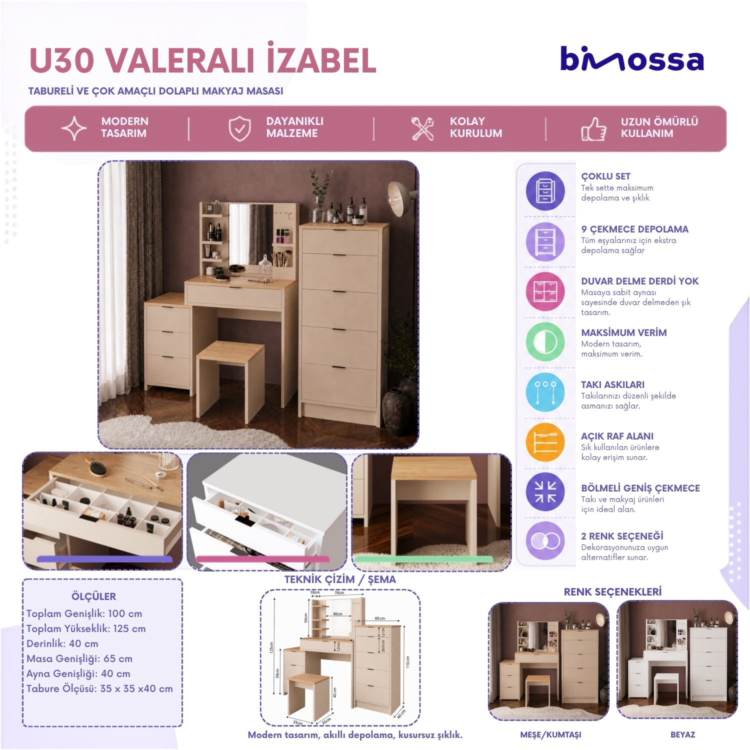 Bimossa U30 Geniş Dolaplı Tabureli İzabel Makyaj Masası Seti - Aynalı, Raflı ve 5 Çekmeceli