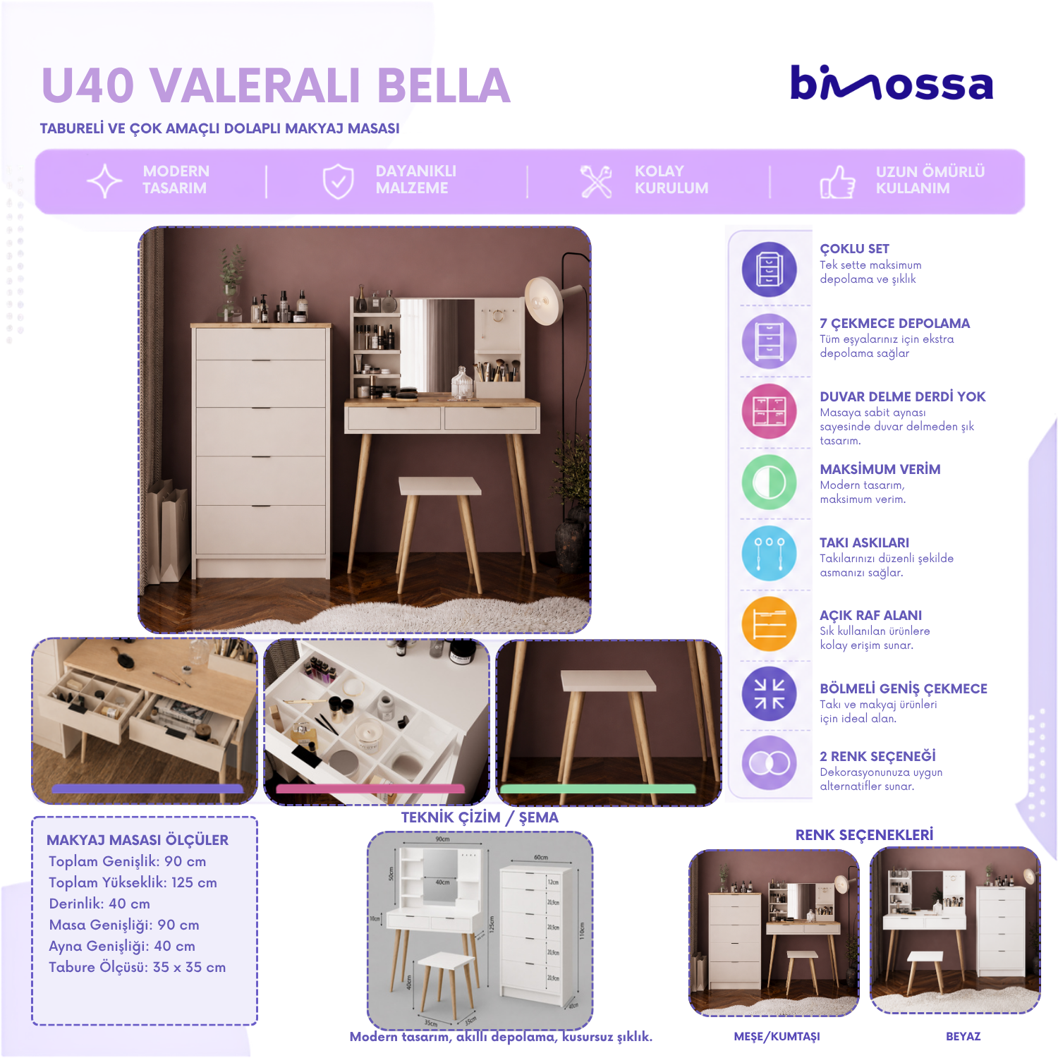 Bimossa U40 Geniş Dolaplı Tabureli Bella Makyaj Masası Seti - Aynalı, Raflı ve Torna Ayaklı