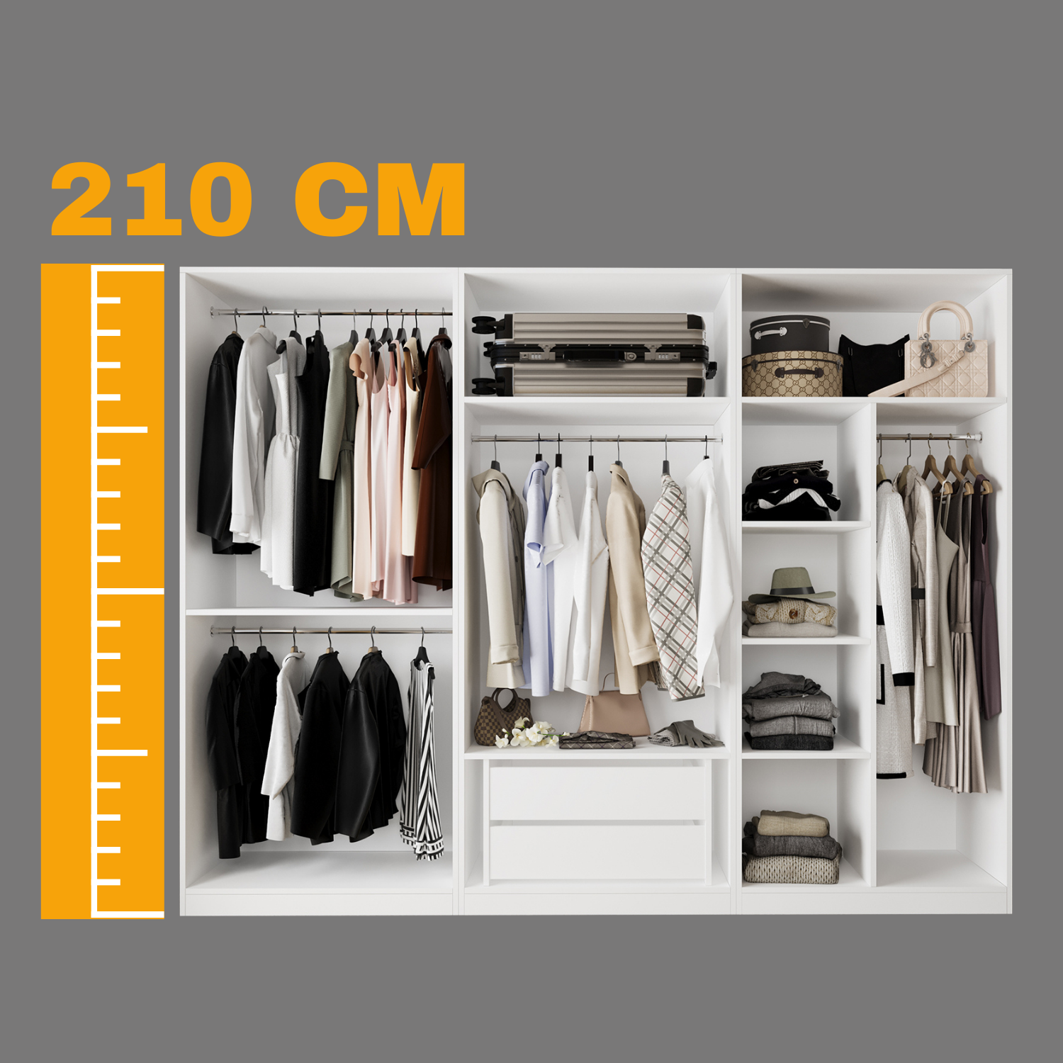 Bimossa KE30 Goss Üçlü Geniş 270 cm Açık Gardırop, 3 Bölmeli, Boy Askılı ve Çekmeceli Modüler Beyaz Elbise Dolabı