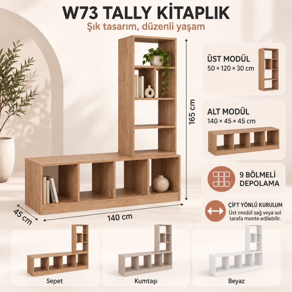 Bimossa W73 Tally Kitaplık, Sağ veya Sol Kurulumlu Üst Modül ve Çok Bölmeli Çocuk Kitaplığı