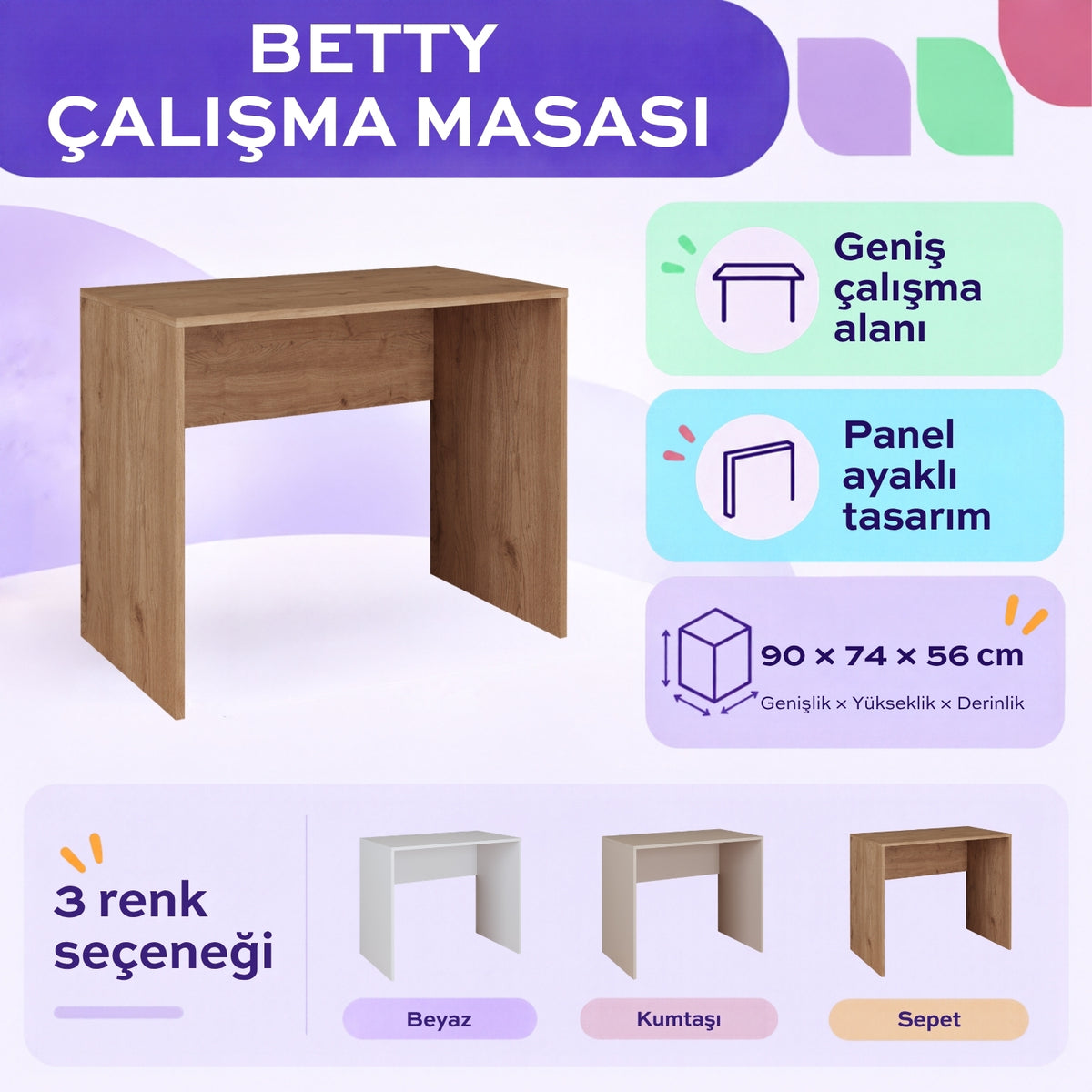 Bimossa S53 Betty Çalışma Masası, 90 cm Geniş Çalışma Alanlı Modern Çalışma Masası