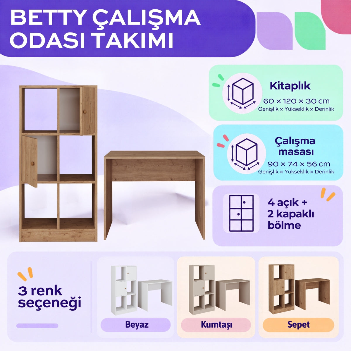 Bimossa T53 Betty Çalışma Odası Takımı, 2 Kapaklı 4 Açık Bölmeli Kitaplık ve 90 cm Çalışma Masası