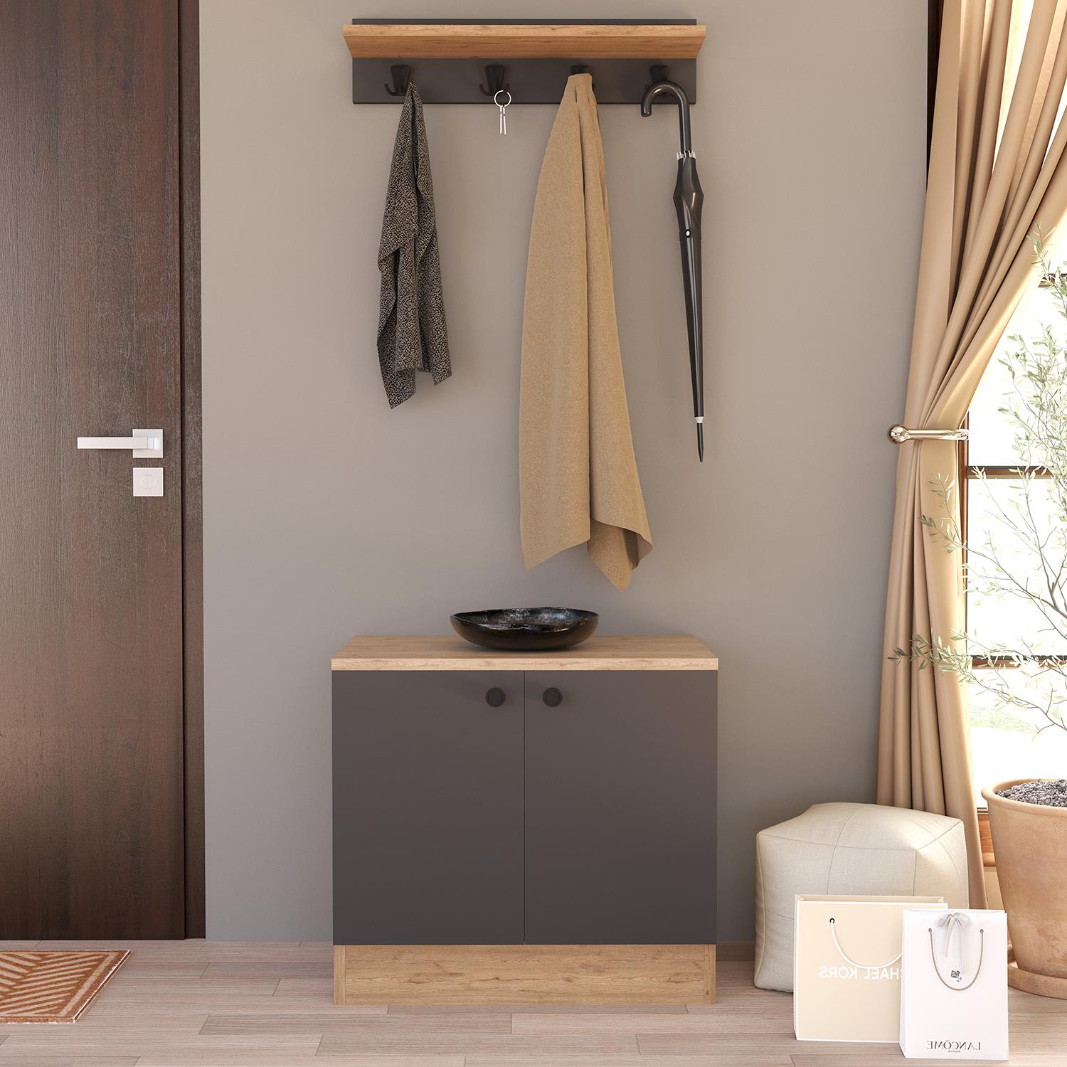 sophia セット Bimossa G32 Sofia İkili Ayakkabılık & Vestiyer Antrasit - Meşe & Meşe