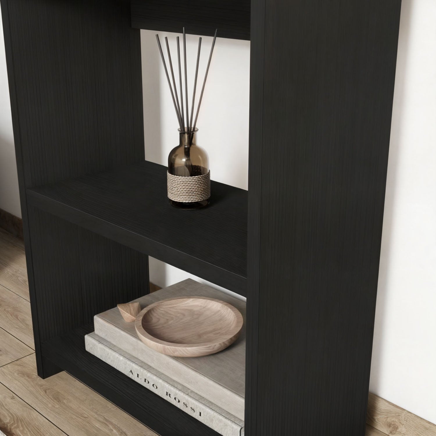 Bimossa W6060 Gülçiçek Geniş Raflı Siyah Kitaplık