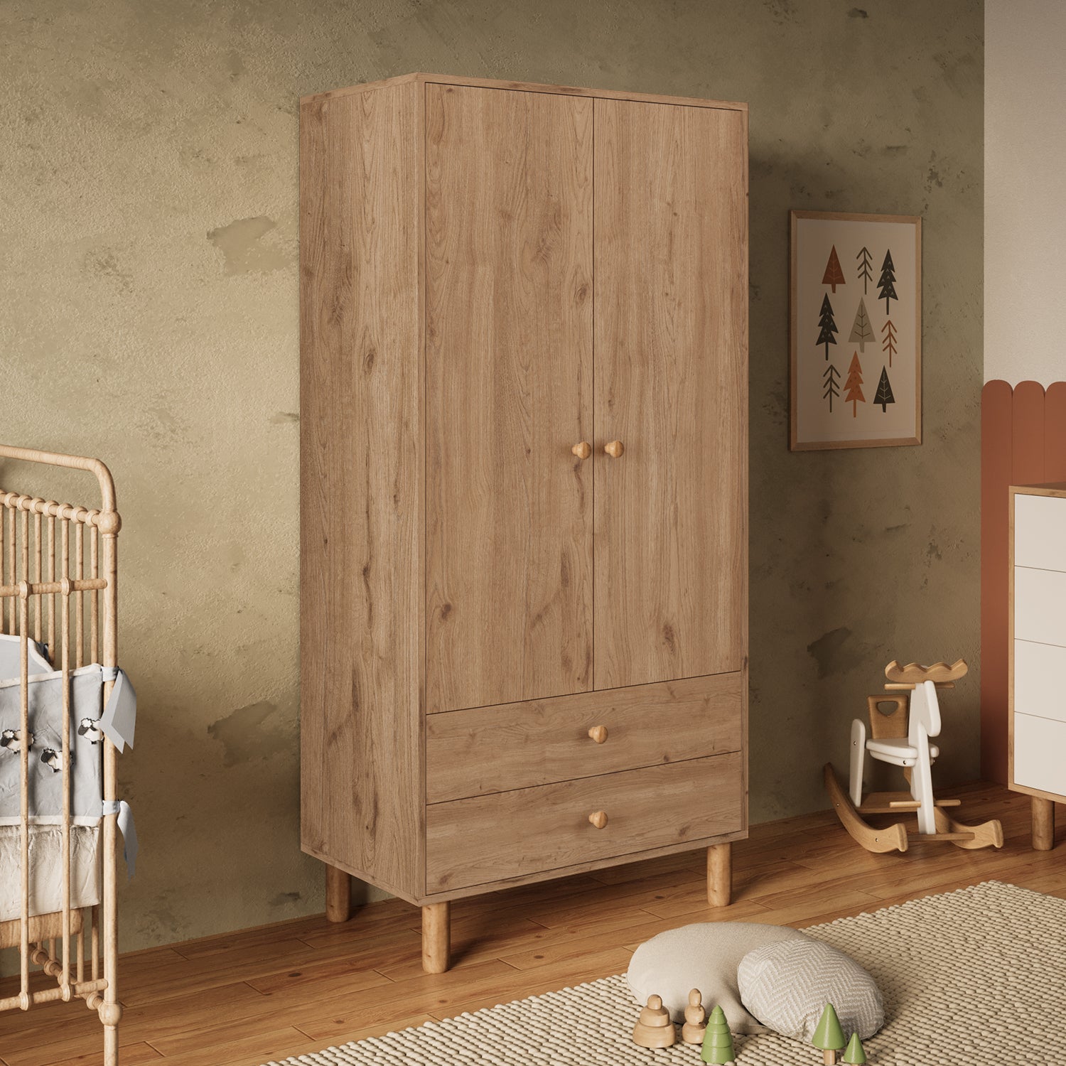 Bimossa KG20 Bunny 80 cm, 2 Kapaklı Gardırop, 2 Çekmeceli Yüksek Ayaklı Çocuk Odası Gardırobu