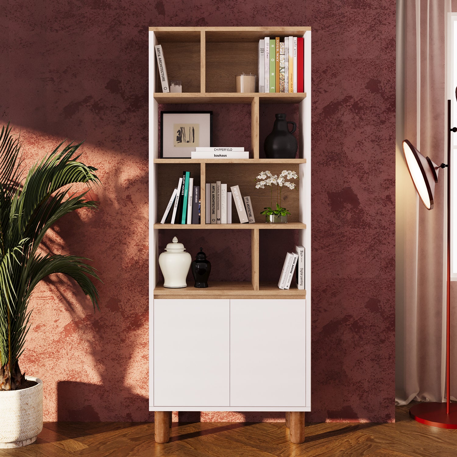 Bimossa W41 Terra 180 cm Yüksek Ayaklı, Kapaklı Kitaplık, Raflı Çok Amaçlı Dolap