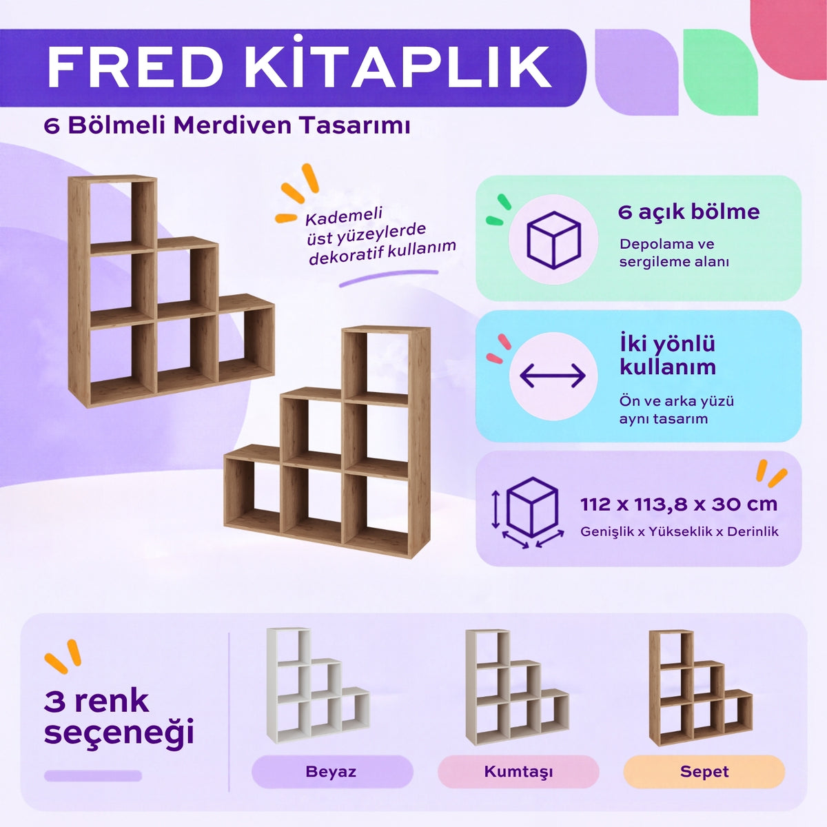 Bimossa W51 Fred 6 Bölmeli Merdiven Kitaplık, Çift Yönlü Dekoratif Raflı Kitaplık