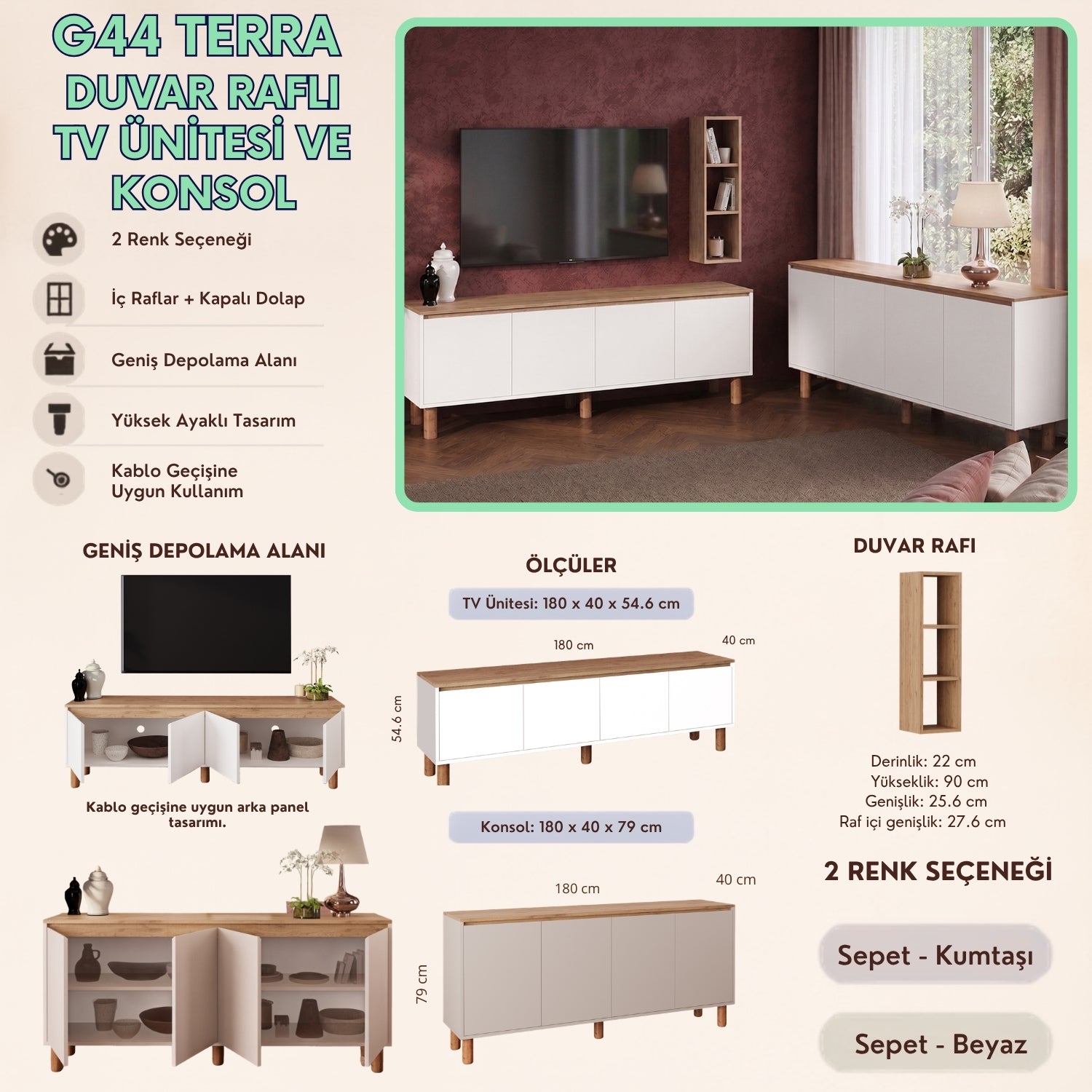 Bimossa G44 Terra Duvar Raflı TV Ünitesi ve Konsol Takımı