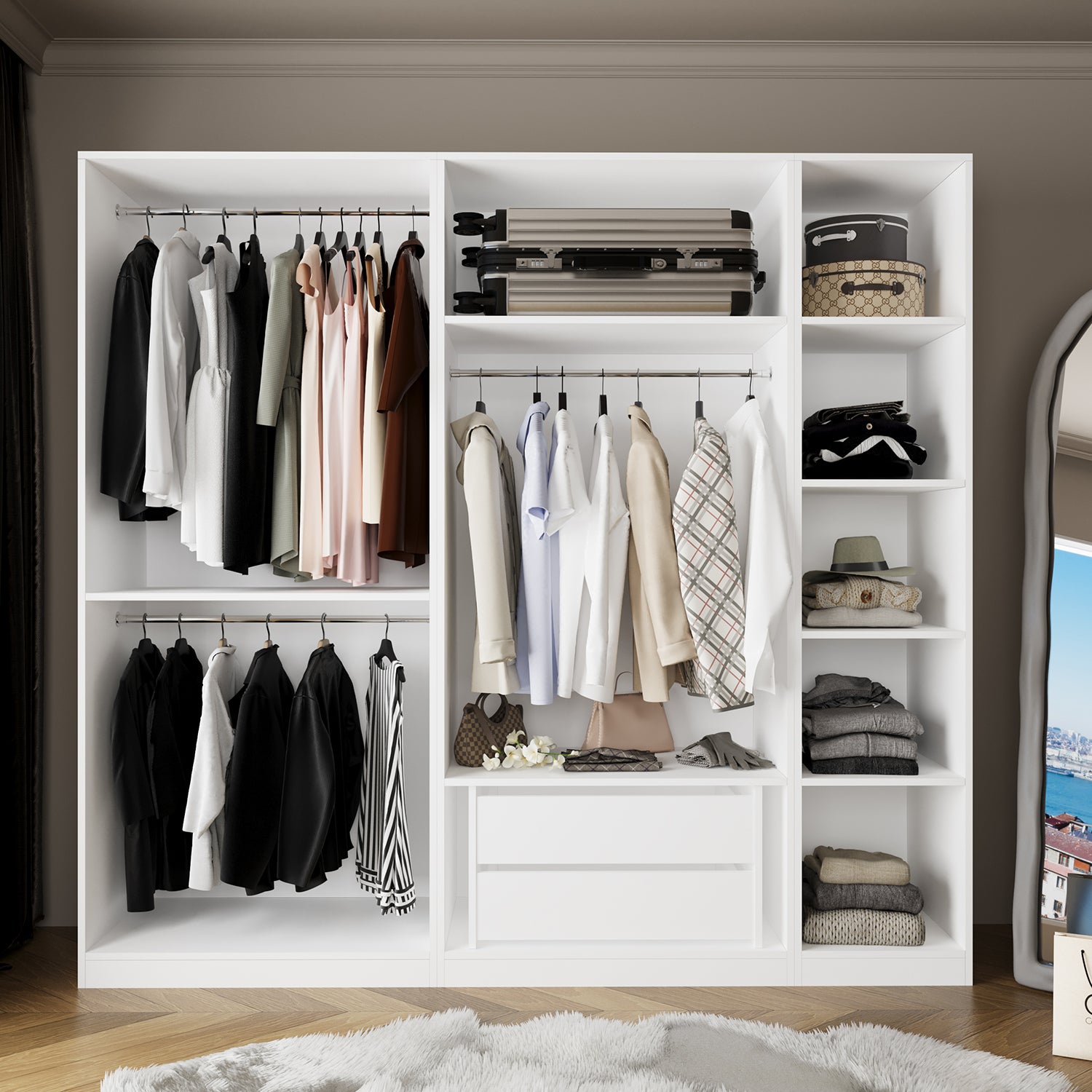 Bimossa KD50 Goss 225 cm Üçlü Dar, 3 Bölmeli Açık Gardırop, Boy Askılı, 5 Raflı ve 2 Çekmeceli Beyaz Dolap