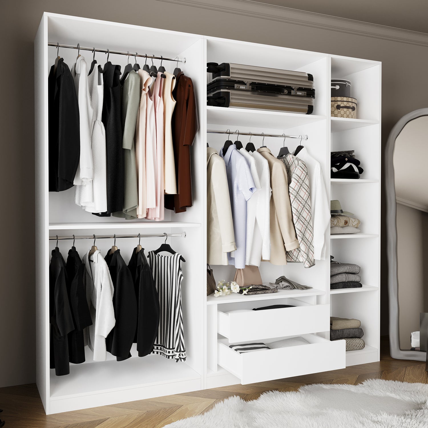 Bimossa KD50 Goss 225 cm Üçlü Dar, 3 Bölmeli Açık Gardırop, Boy Askılı, 5 Raflı ve 2 Çekmeceli Beyaz Dolap