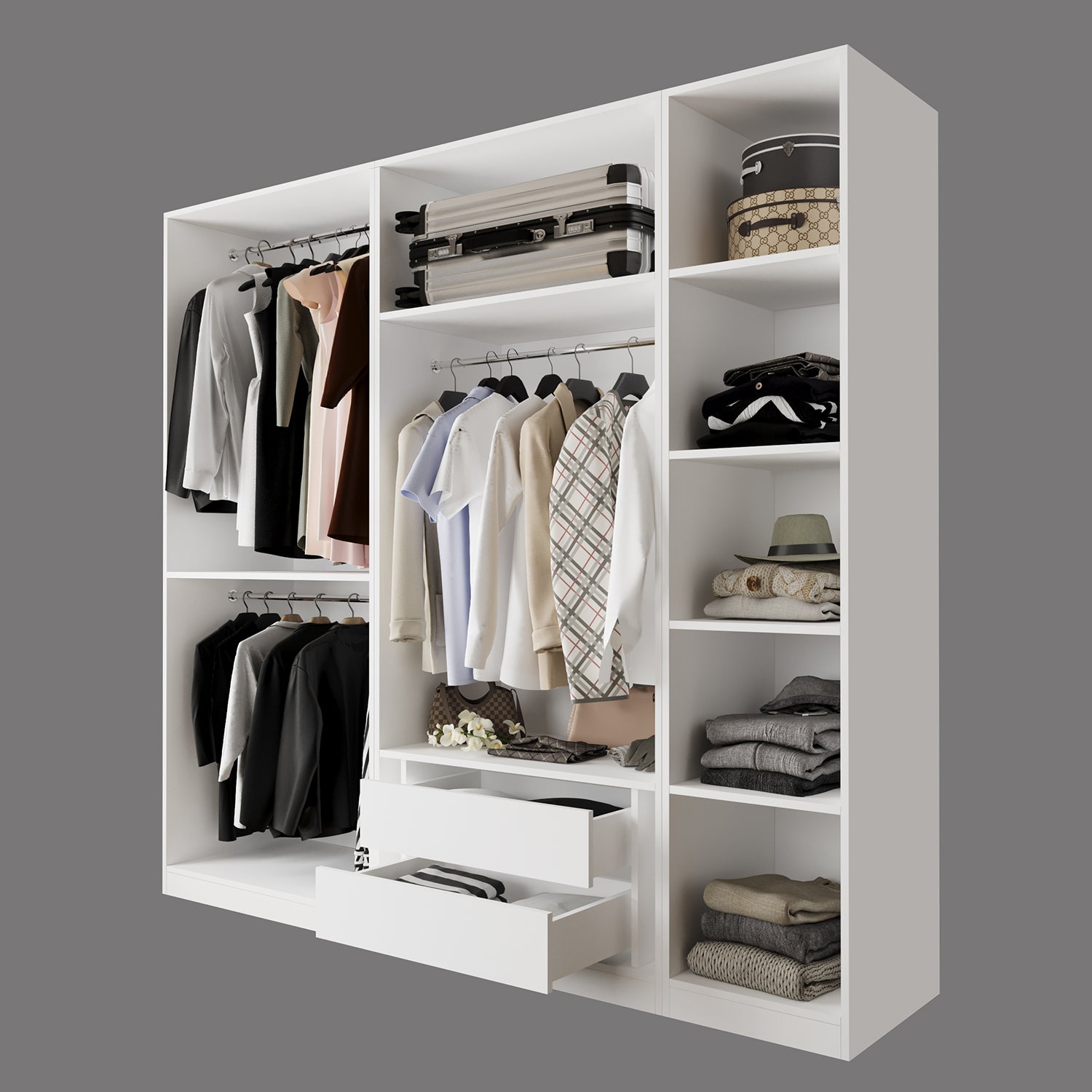 Bimossa KD50 Goss 225 cm Üçlü Dar, 3 Bölmeli Açık Gardırop, Boy Askılı, 5 Raflı ve 2 Çekmeceli Beyaz Dolap