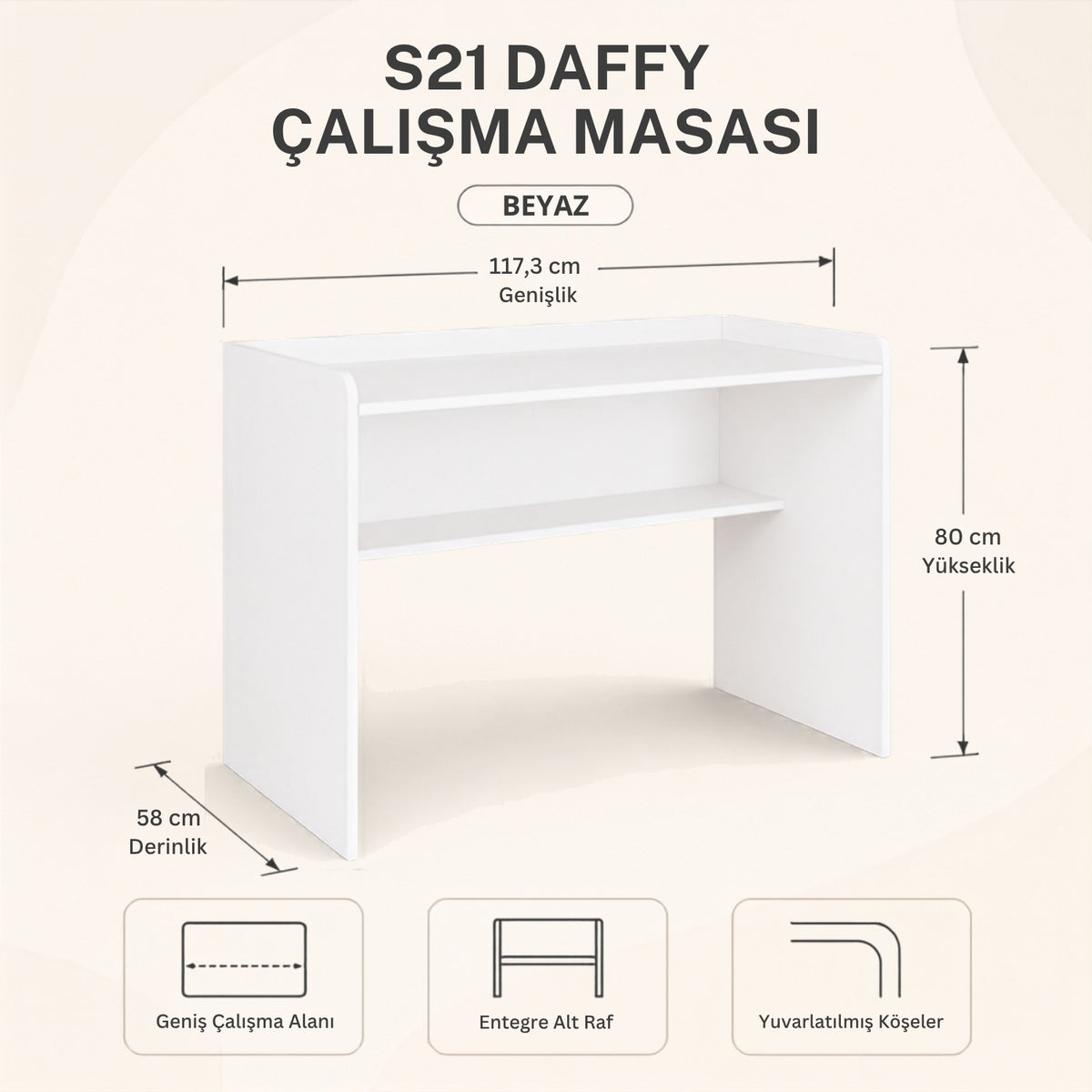 Bimossa S21 Daffy Çalışma Masası - 117,3 cm Geniş, Raflı ve Yuvarlatılmış Köşeli