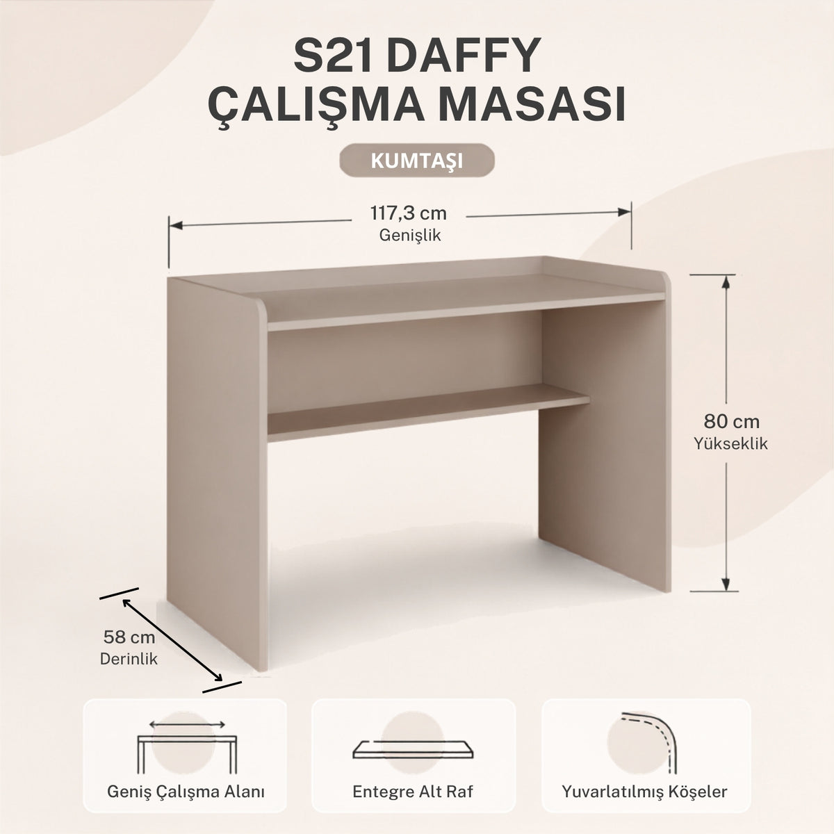 Bimossa S21 Daffy Çalışma Masası - 117,3 cm Geniş, Raflı ve Yuvarlatılmış Köşeli