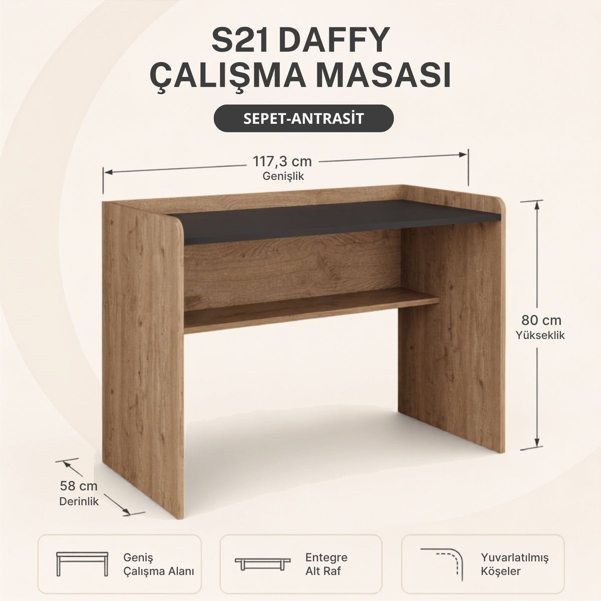 Bimossa S21 Daffy Çalışma Masası - 117,3 cm Geniş, Raflı ve Yuvarlatılmış Köşeli