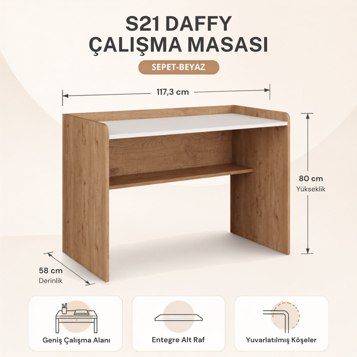 Bimossa S21 Daffy Çalışma Masası - 117,3 cm Geniş, Raflı ve Yuvarlatılmış Köşeli