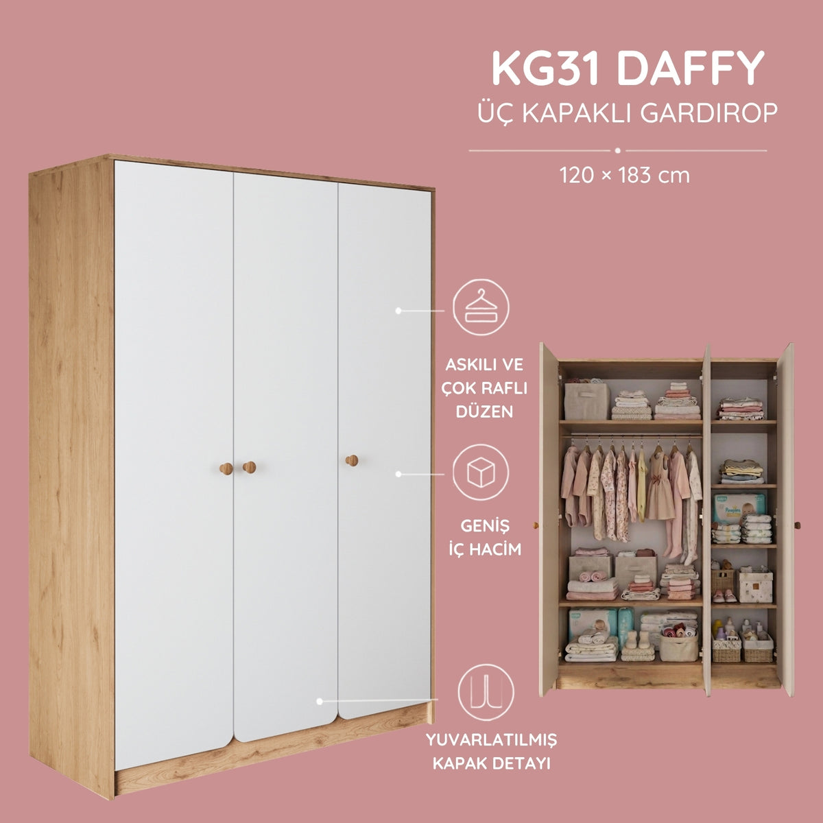 Bimossa KG31 Daffy Üç Kapaklı Gardırop - Askılı ve Çok Raflı Geniş Hacimli Bebek Odası Dolabı