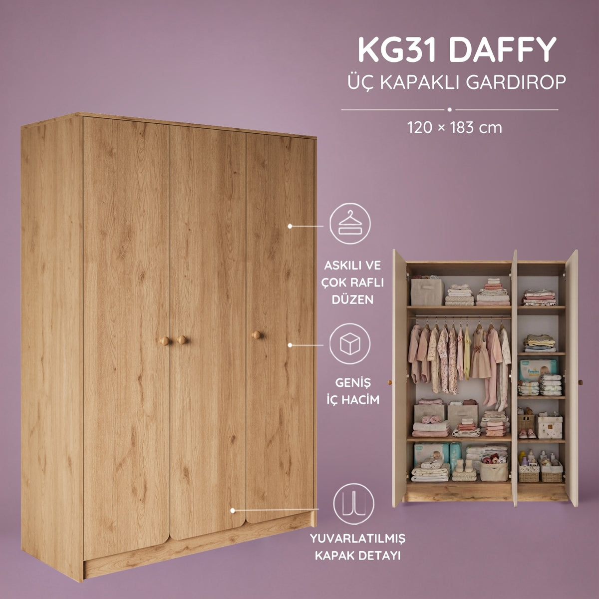 Bimossa KG31 Daffy Üç Kapaklı Gardırop - Askılı ve Çok Raflı Geniş Hacimli Bebek Odası Dolabı