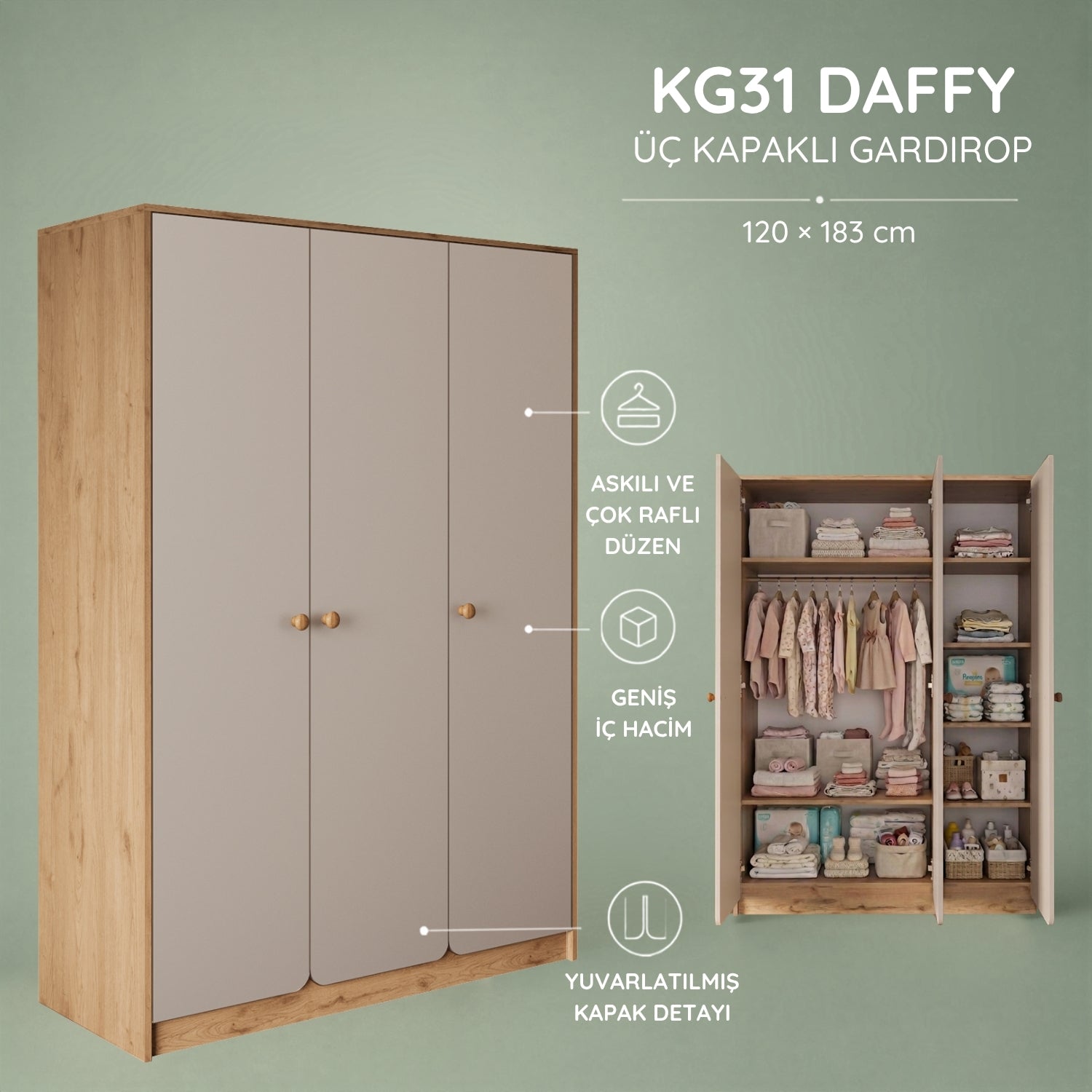 Bimossa KG31 Daffy Üç Kapaklı Gardırop - Askılı ve Çok Raflı Geniş Hacimli Bebek Odası Dolabı