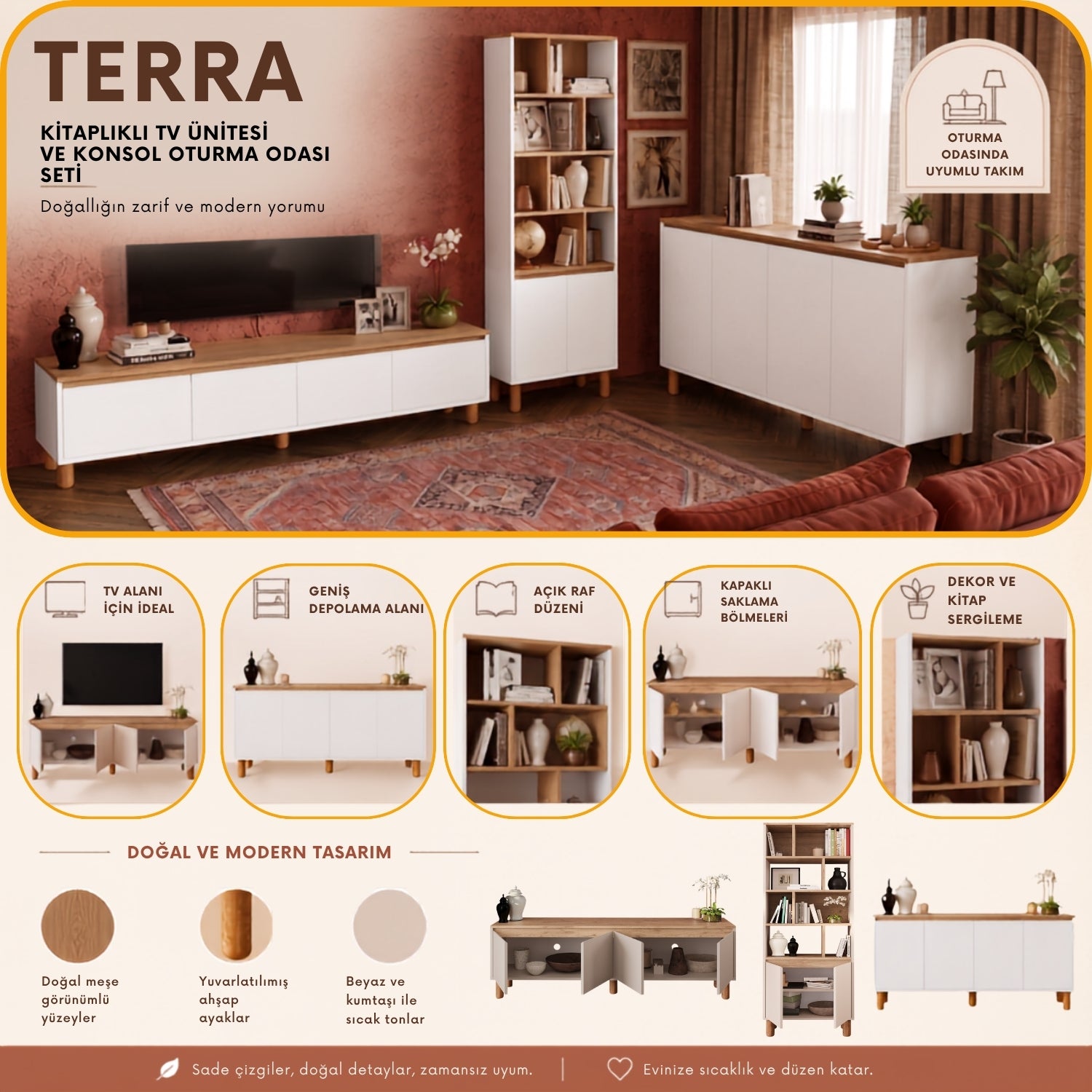 Bimossa G43 Terra Kitaplıklı TV Ünitesi ve Konsol Oturma Odası Seti